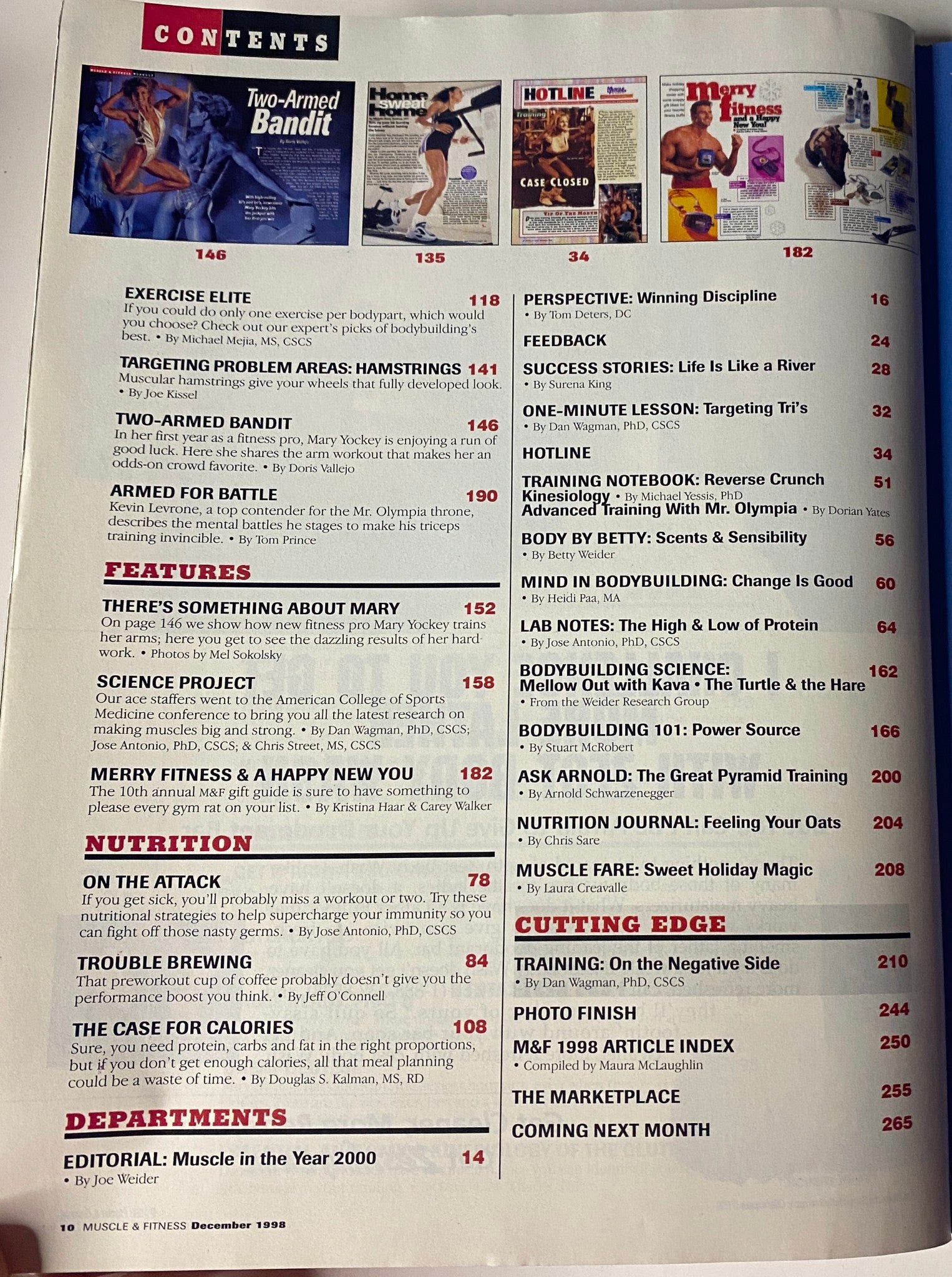 Muscle & Fitness Magazine December 1998 contents page featuring articles on fitness training, nutrition tips, and success stories in the bodybuilding community. Highlights various exercise routines and expert insights.
