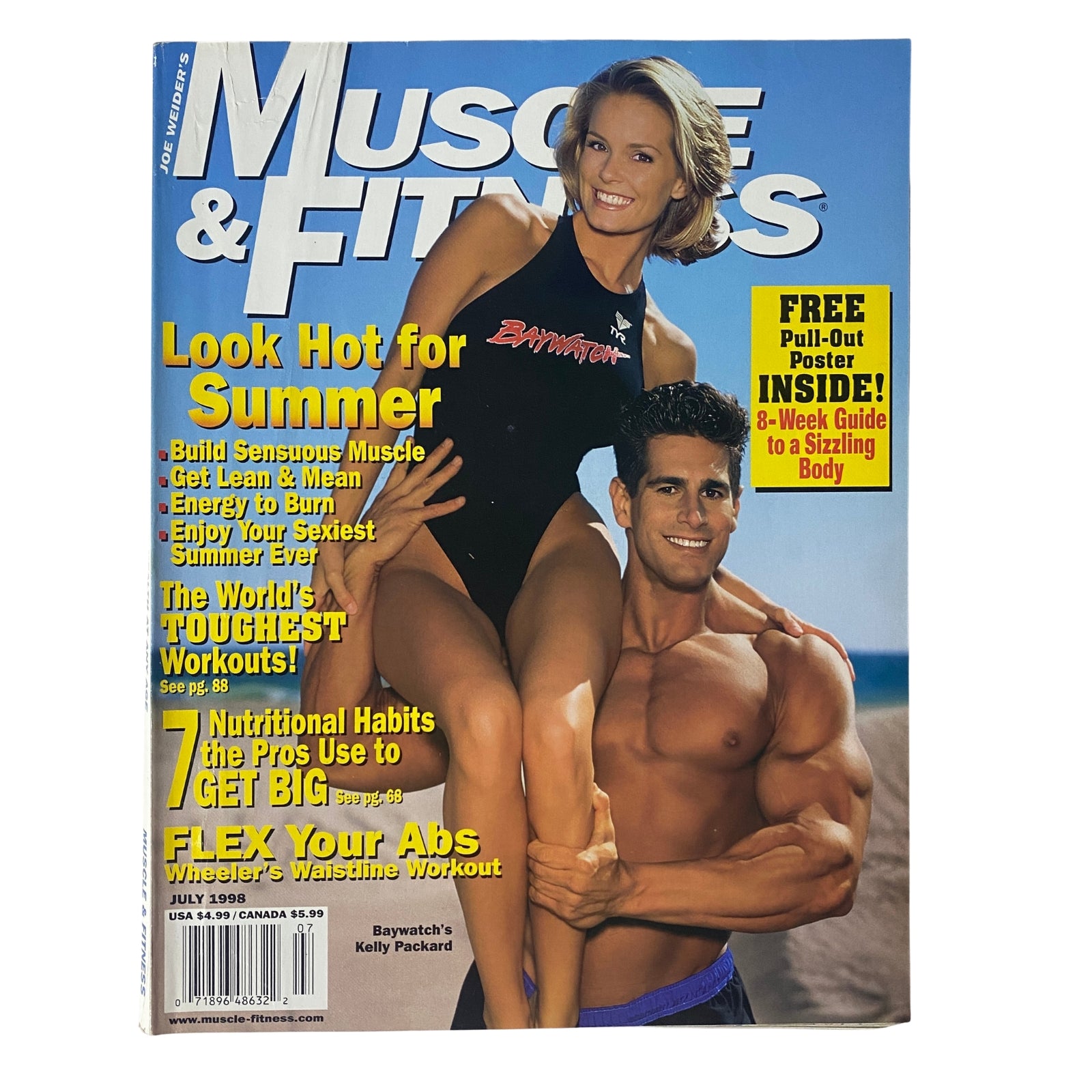 Cover of Muscle & Fitness Magazine July 1998 featuring Mark Andrews and Kelly Packard, showcasing tips for summer fitness, a pullout poster, and nutrition advice.