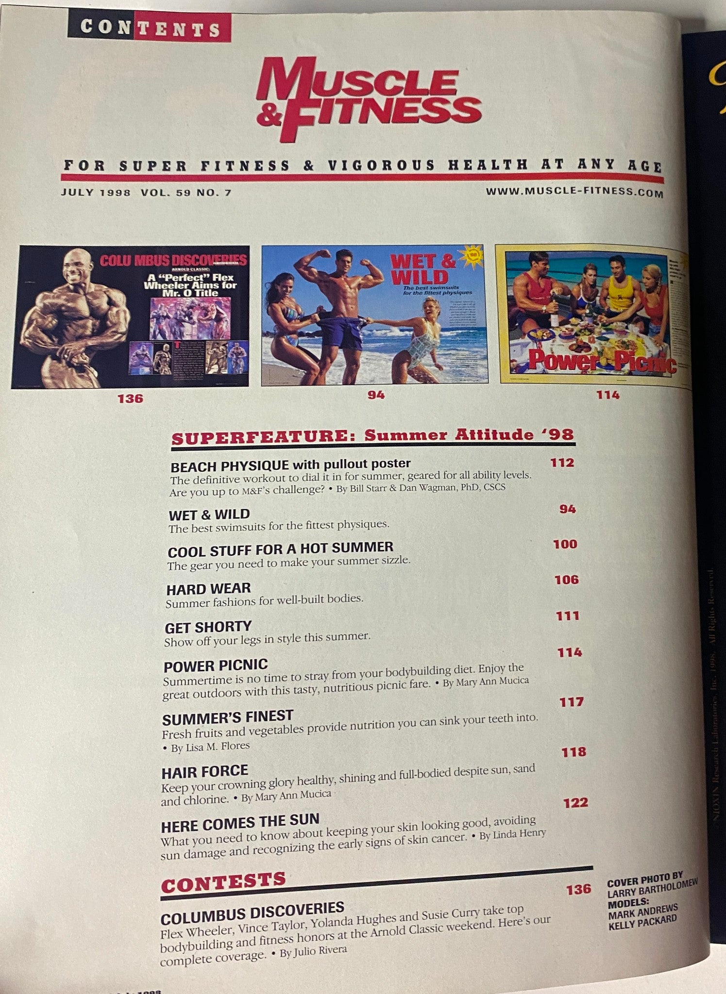 Contents page of Muscle & Fitness Magazine July 1998, listing articles including the Summer Attitude '98 superfeature, workouts, and nutritional guidance.