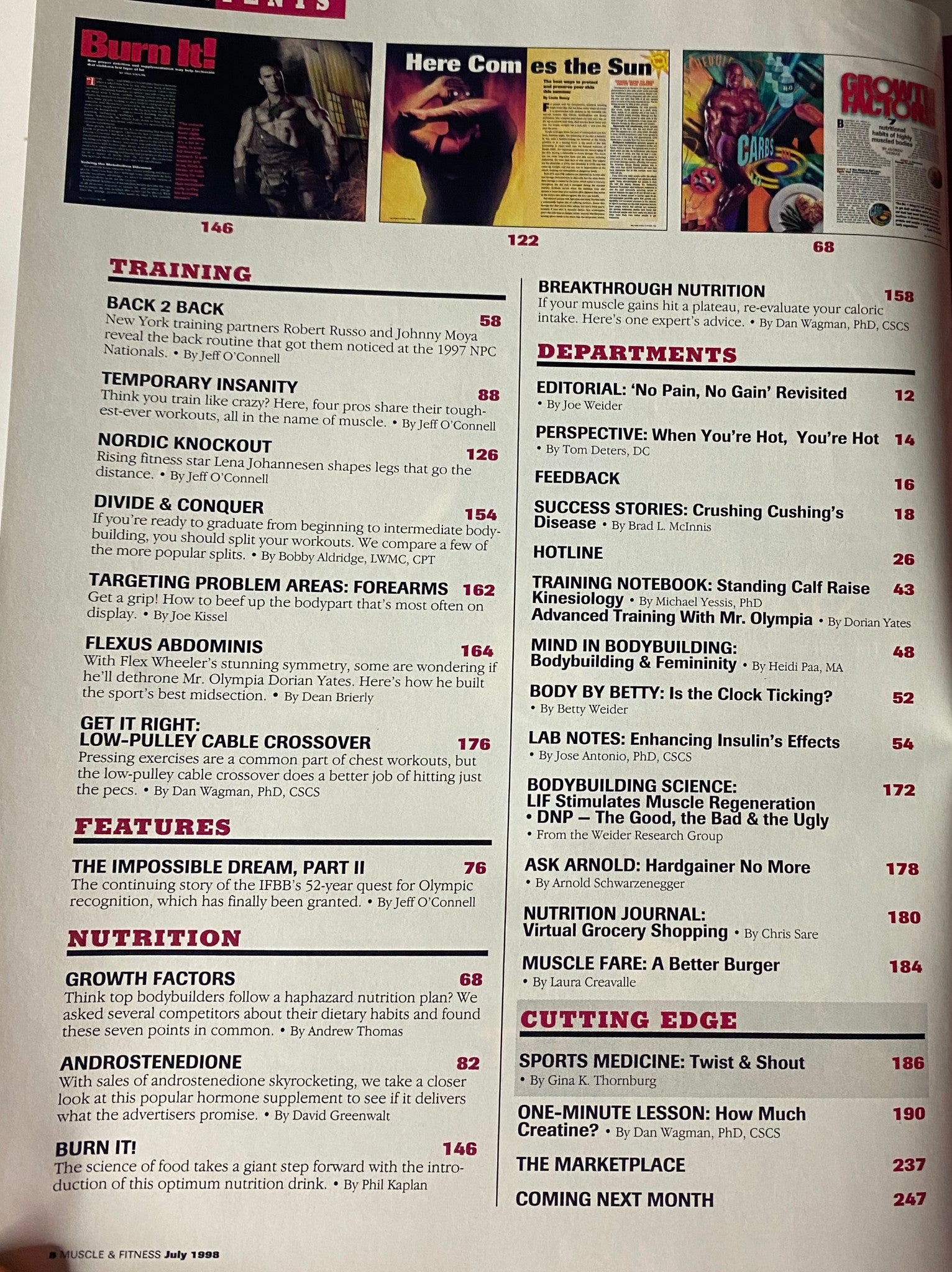 Table of contents from Muscle & Fitness Magazine July 1998, featuring sections on training, features, nutrition, and departments along with page numbers.