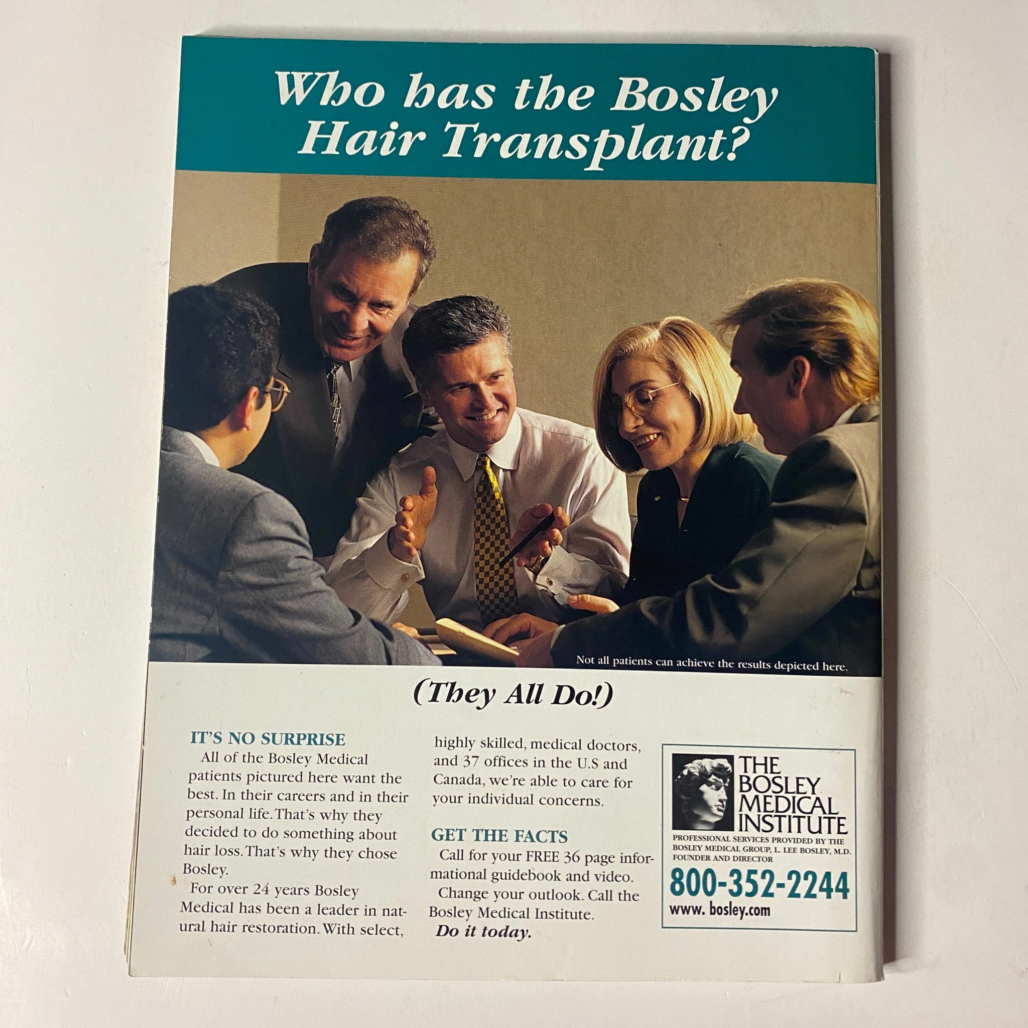 Advertisement for Bosley Hair Transplant, featuring a group of professionals discussing hair loss solutions, as seen in Muscle & Fitness Magazine July 1998.