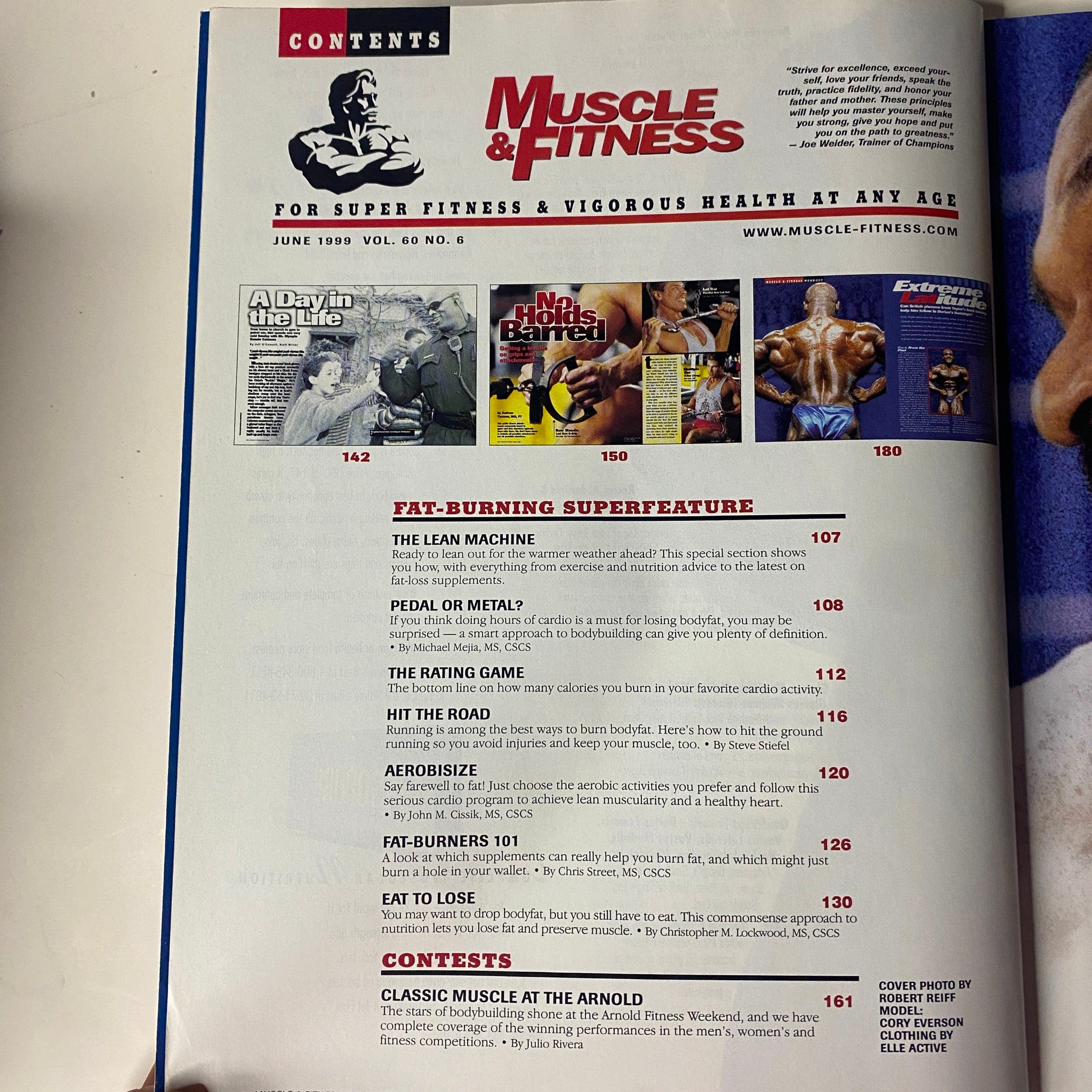 Contents page of Muscle & Fitness Magazine June 1999 Vol 60 No. 6 highlighting key articles, including Fat-Burning Superfeature and contests.