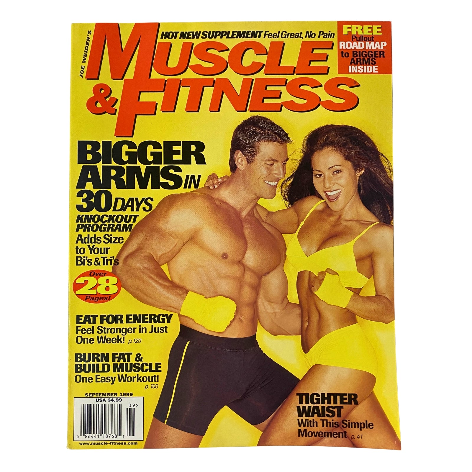 Muscle & Fitness Magazine Cover - September 1999 featuring a couple showcasing fitness with headlines about achieving bigger arms, energy, and workout routines.