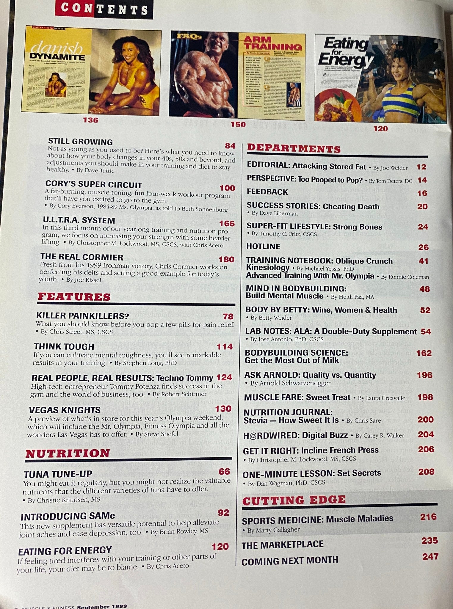 Contents page of Muscle & Fitness Magazine - September 1999 listing various features including training tips, nutritional advice, and highlighted stories on fitness success.