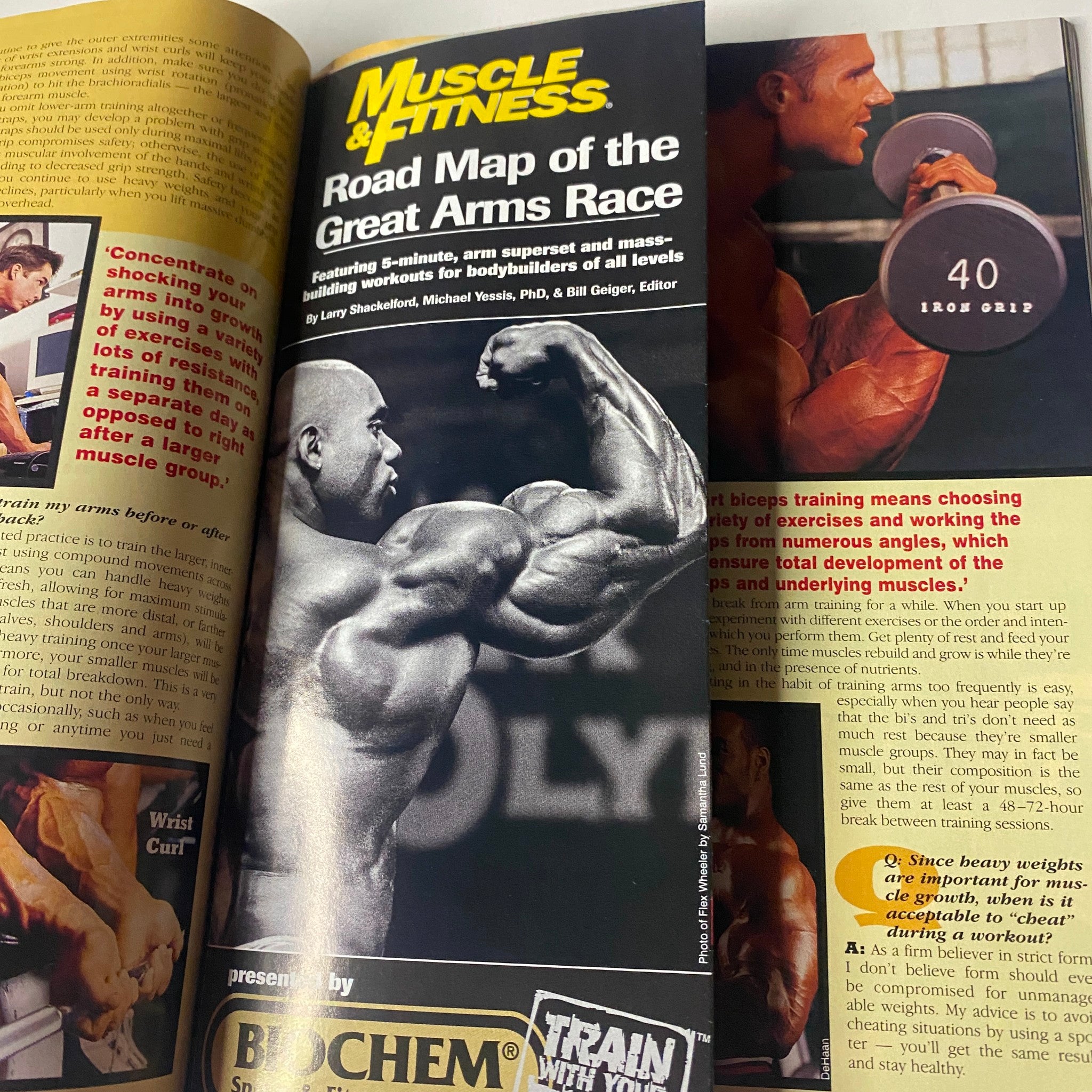 Page from Muscle & Fitness Magazine - September 1999 showcasing the Road Map of the Great Arms Race, highlighting expert arm workouts for bodybuilders.