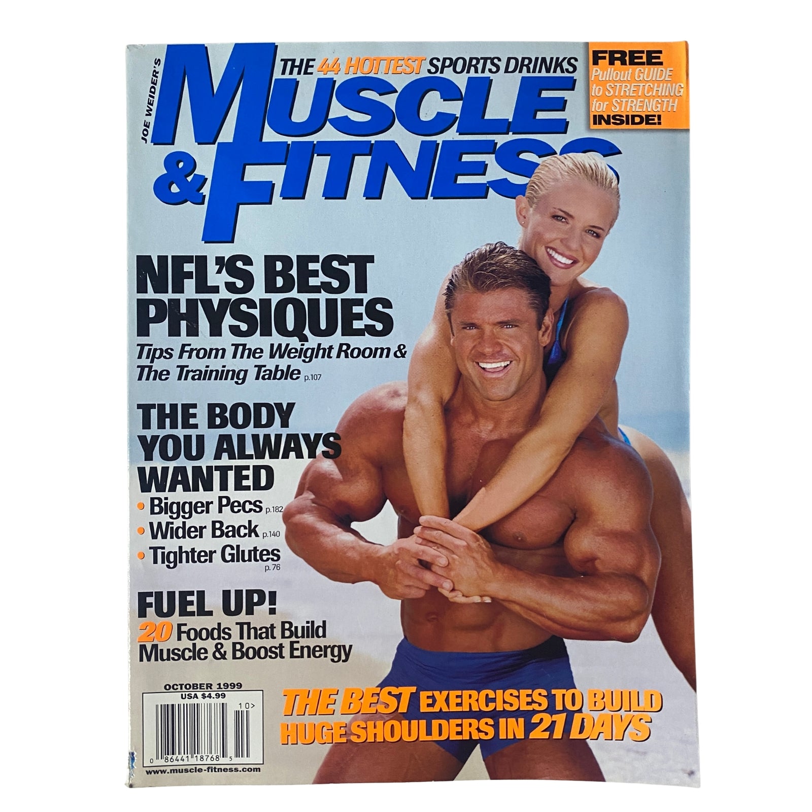 Cover of Muscle & Fitness Magazine October 1999 featuring Eddie Robinson and Heather Downey, highlighting NFL's best physiques and fitness tips.