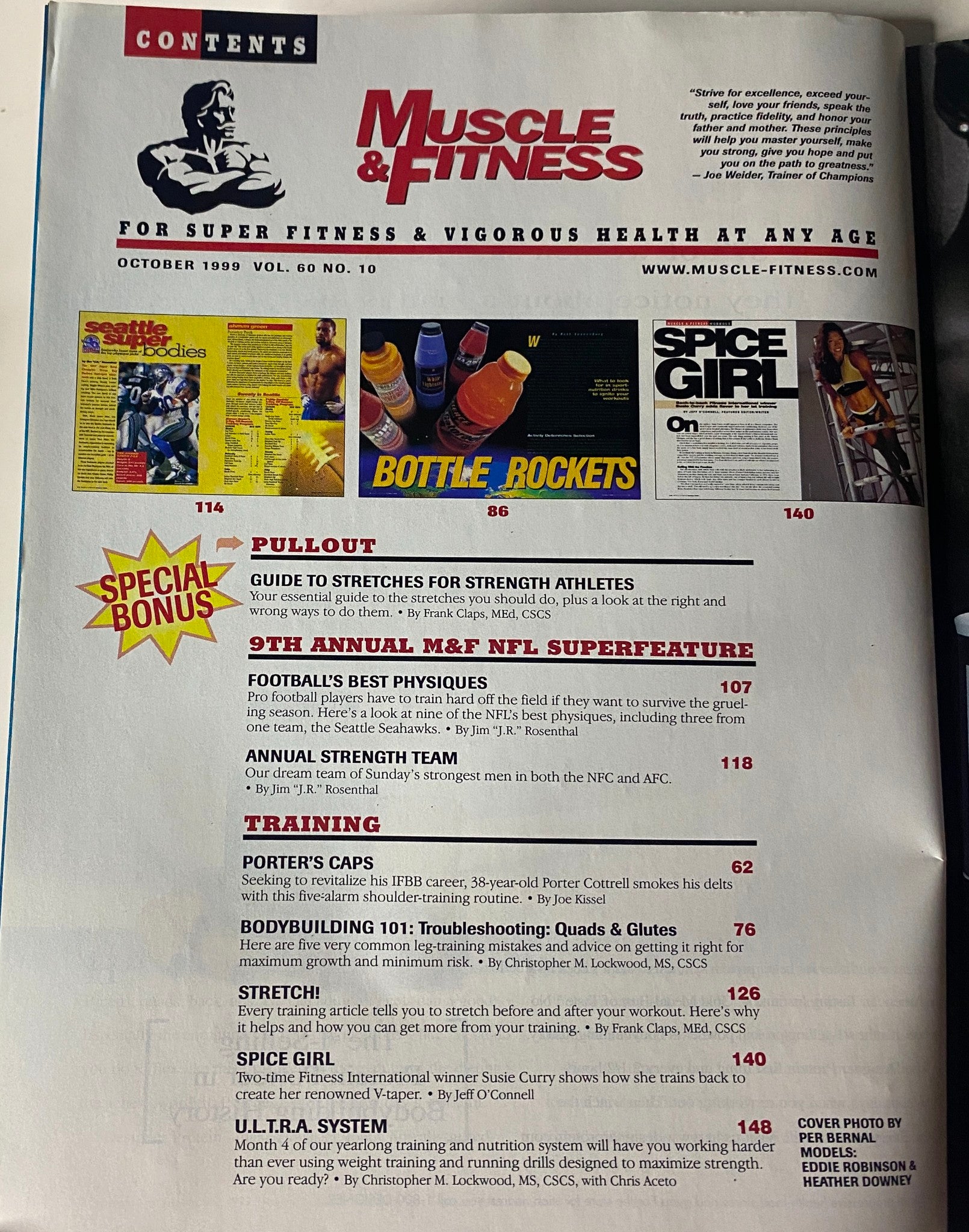 Inside page of Muscle & Fitness Magazine October 1999 displaying the contents section with topics like NFL Superfeature and special stretching guides.