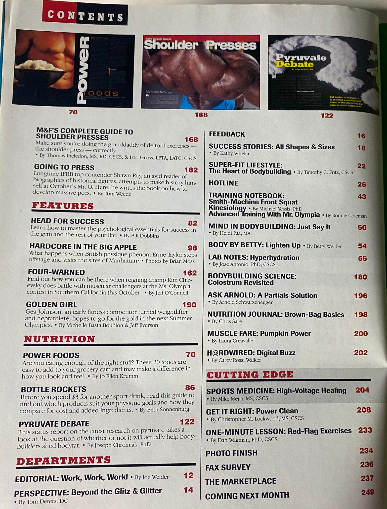 Page of Muscle & Fitness Magazine October 1999 detailing features and articles such as Power Foods and Shoulder Presses.