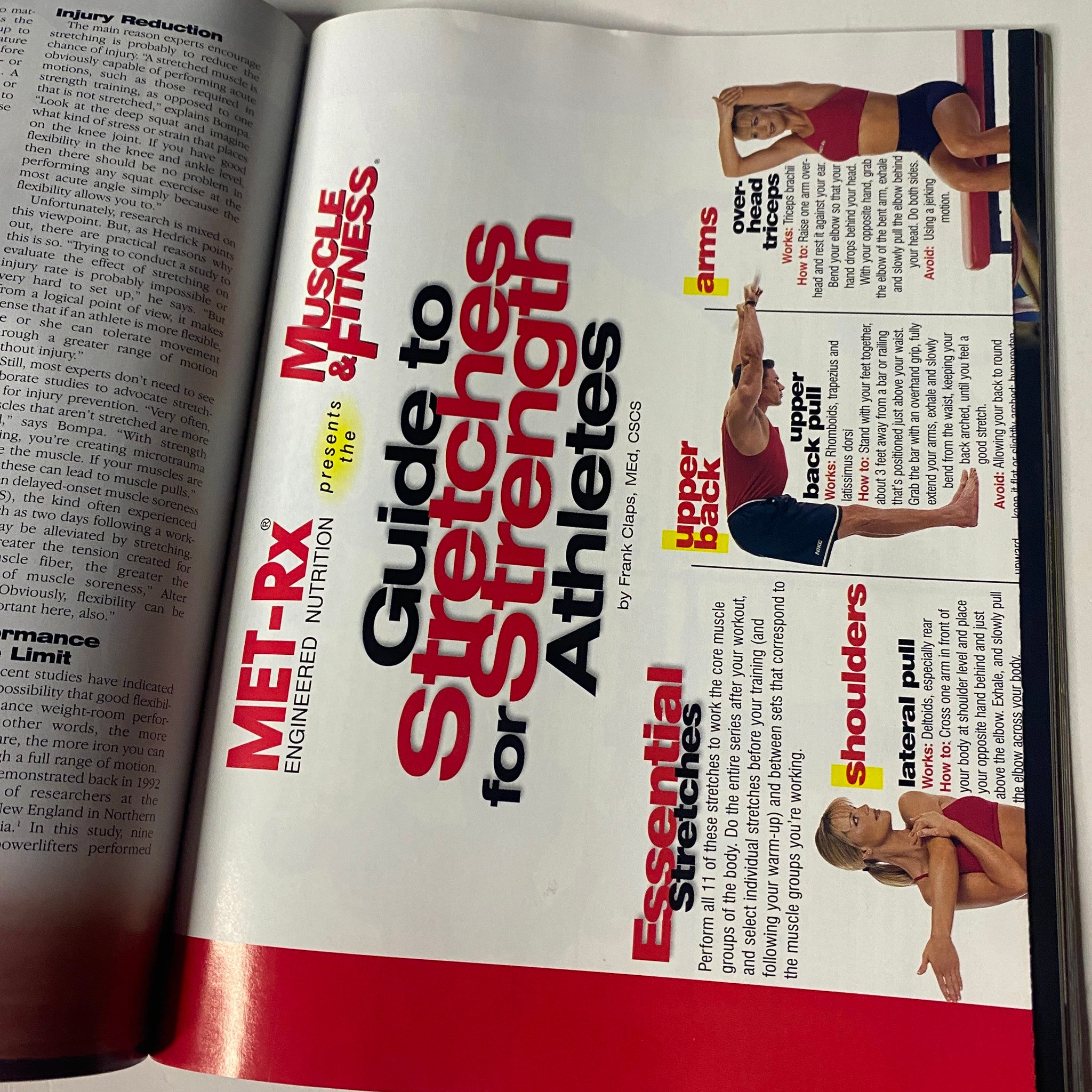 Article page from Muscle & Fitness Magazine October 1999 titled 'Guide to Stretches for Strength Athletes' showcasing essential stretches and fitness advice.