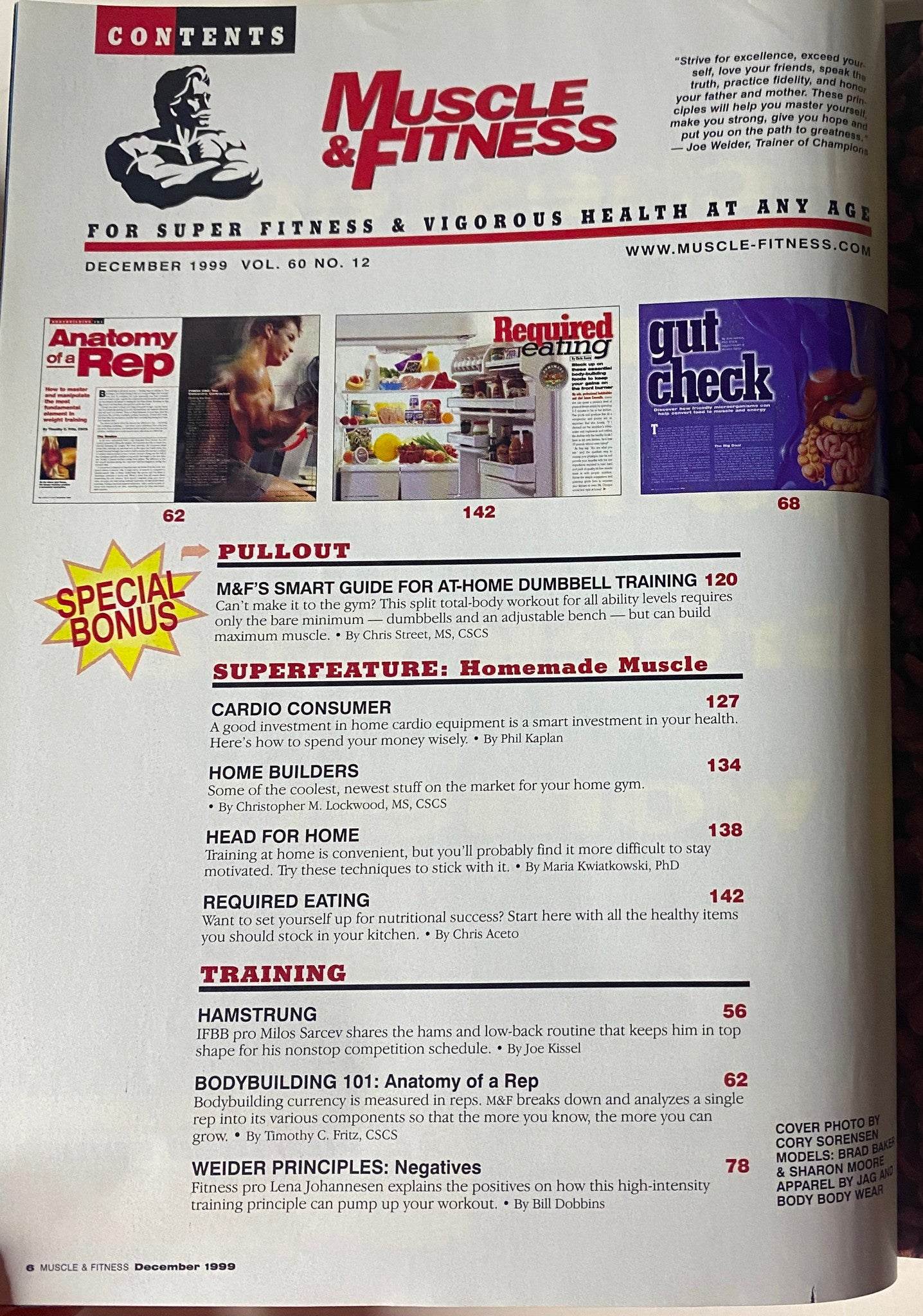 Contents page of Muscle & Fitness Magazine December 1999, listing articles such as Anatomy of a Rep and Smart Guide for At-Home Dumbbell Training.