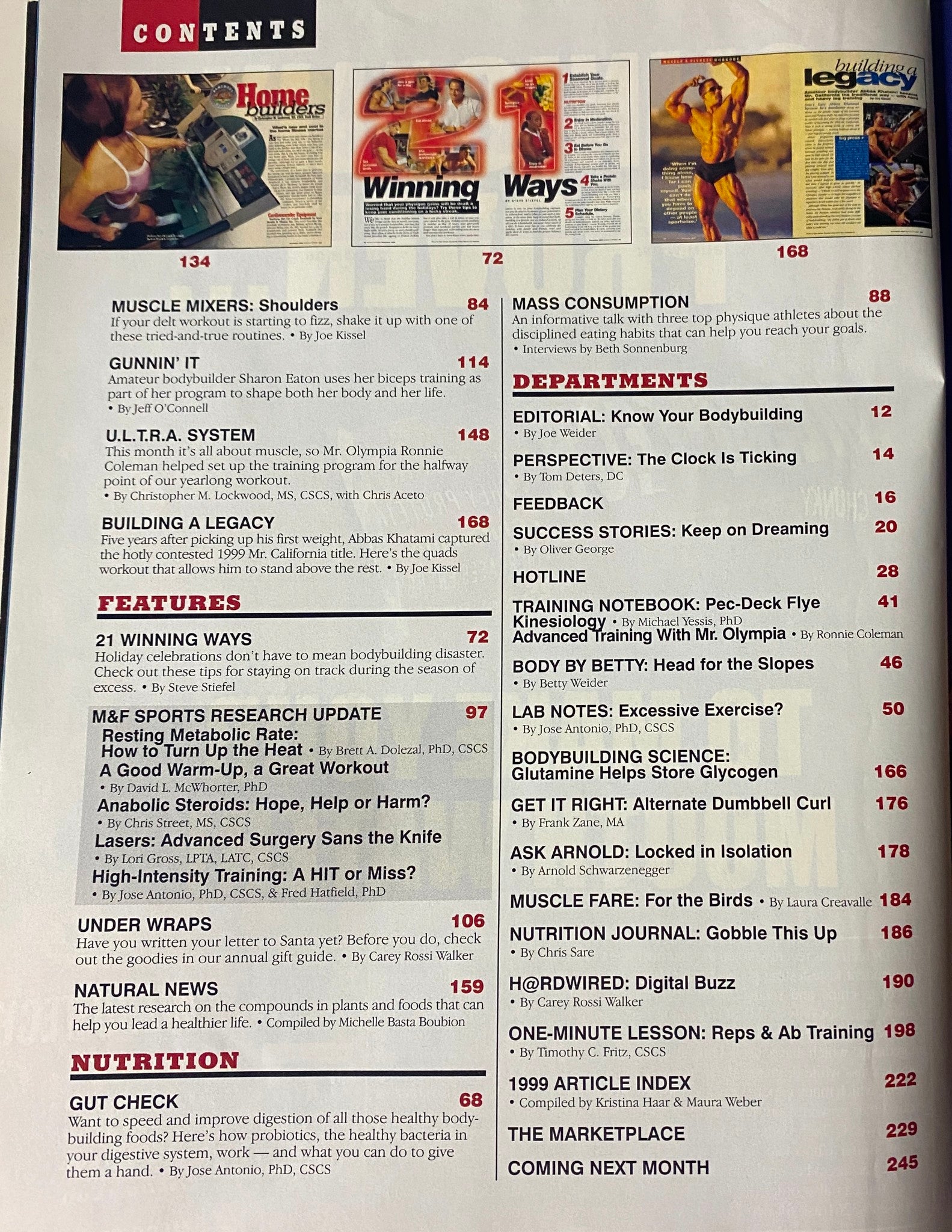 Second contents page of Muscle & Fitness Magazine December 1999, showcasing features like 21 Winning Ways to stay on track during the holidays.