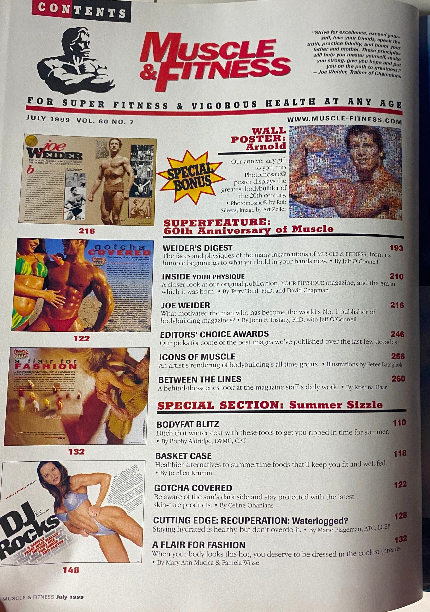 Contents page from Muscle & Fitness Magazine July 1999, outlining features related to bodybuilding, Weider's Digest, and special sections.