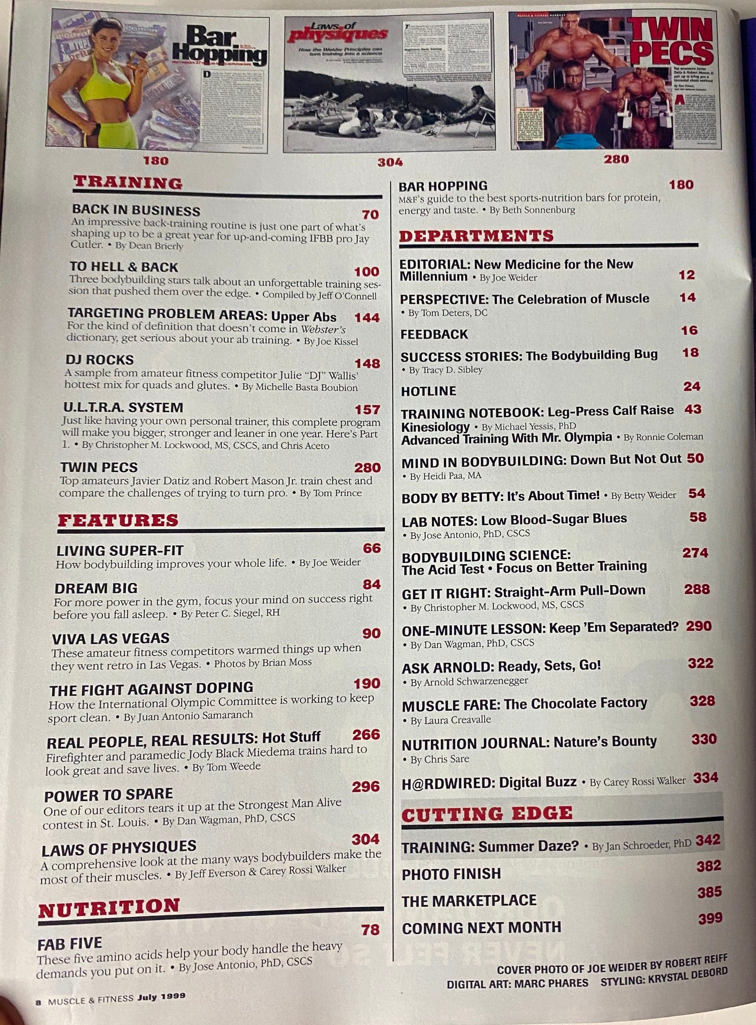 Another contents page of Muscle & Fitness Magazine July 1999, detailing training features, articles on fitness, and departments.