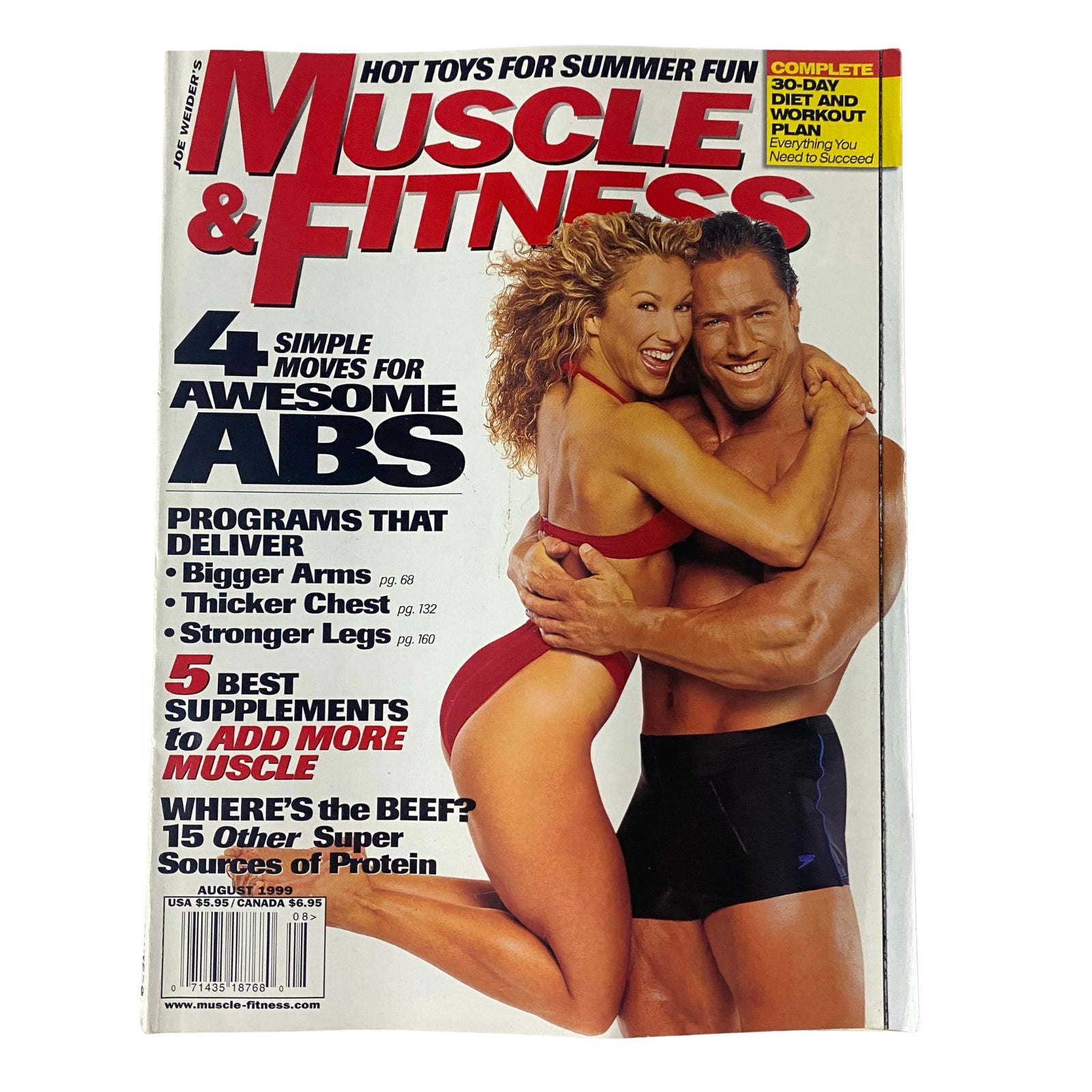 Muscle & Fitness Magazine August 1999 featuring Minna Lessig and Dennis Newman on the cover, showcasing fitness tips and workout programs.