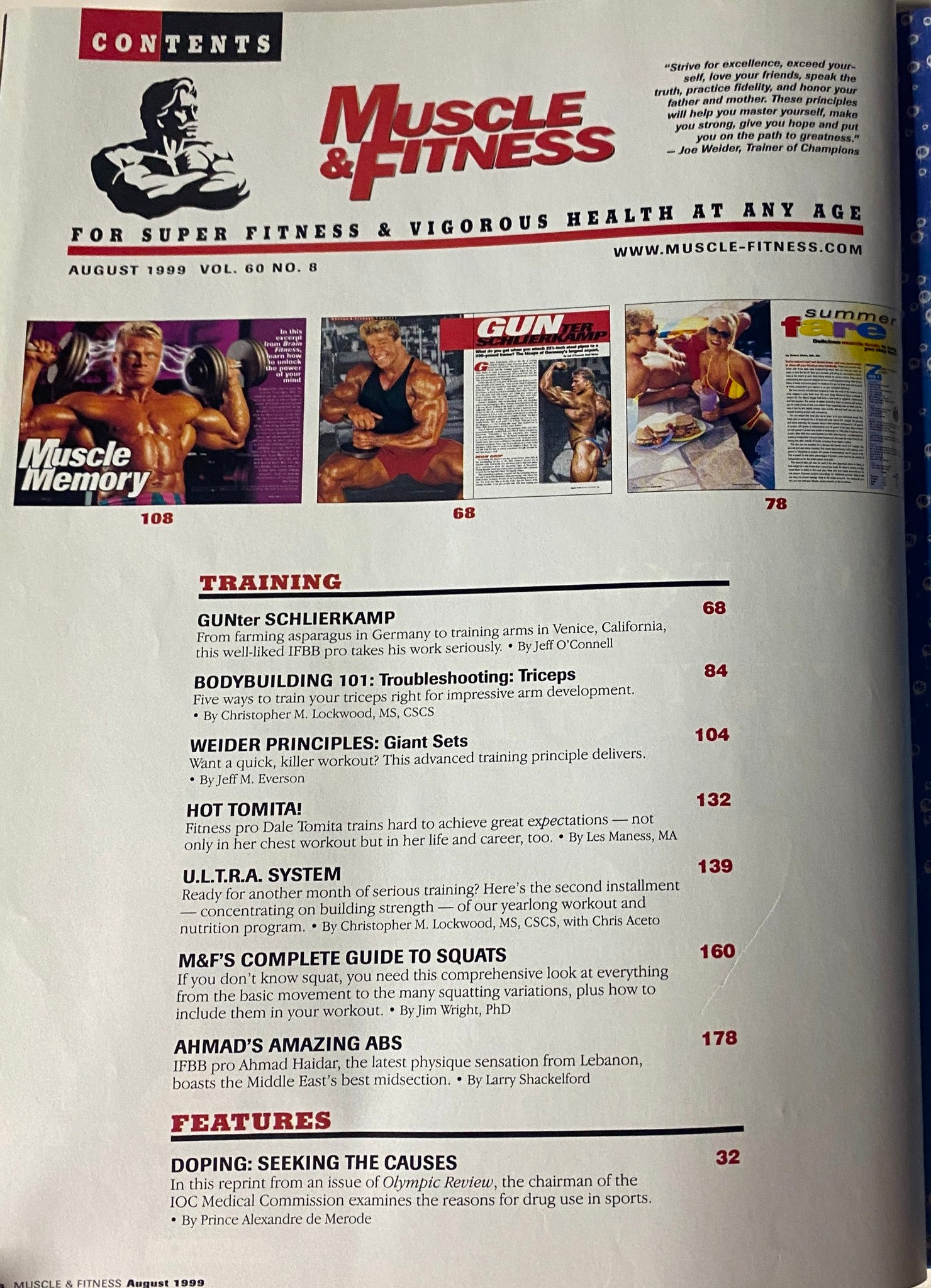 Contents page of Muscle & Fitness Magazine August 1999, highlighting training articles and features on bodybuilders like Gunter Schlierkamp and tips for arm development.