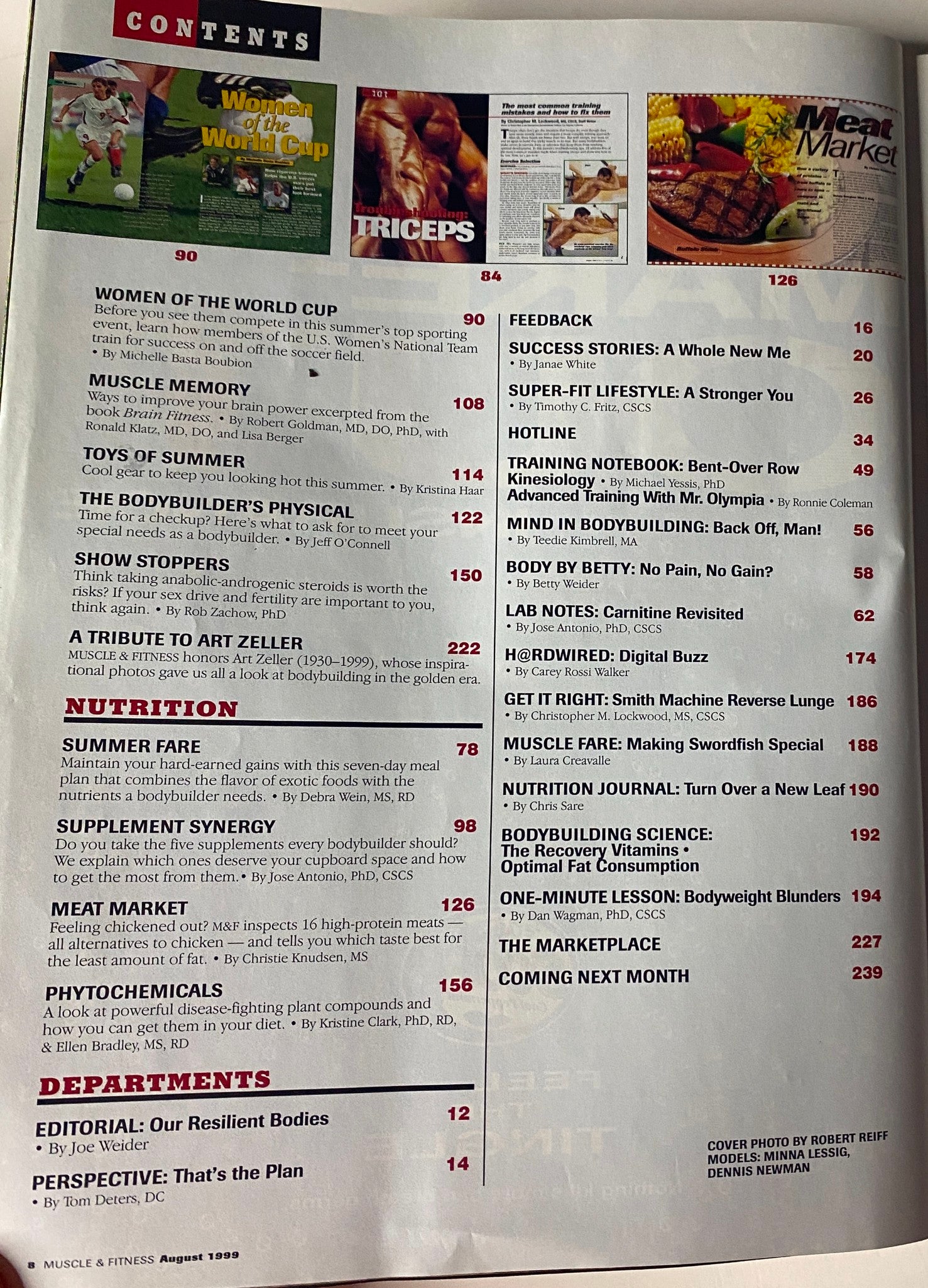Contents page of Muscle & Fitness Magazine August 1999, detailing fitness articles including Women of the World Cup, nutrition insights, and muscle memory.