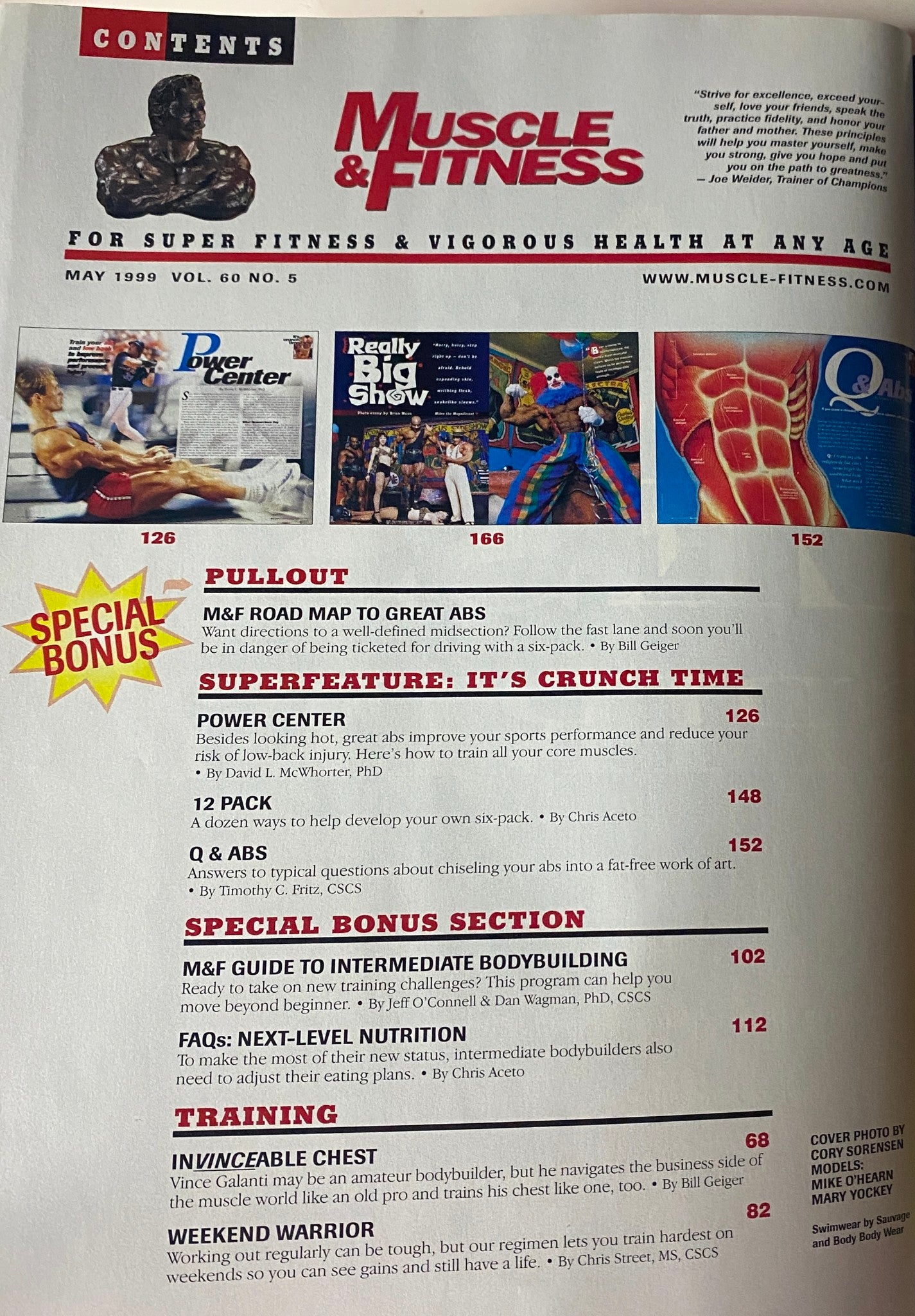 Contents page of Muscle & Fitness Magazine May 1999 featuring a pullout section on abs training, super feature on intermediate bodybuilding, and various columns related to fitness.