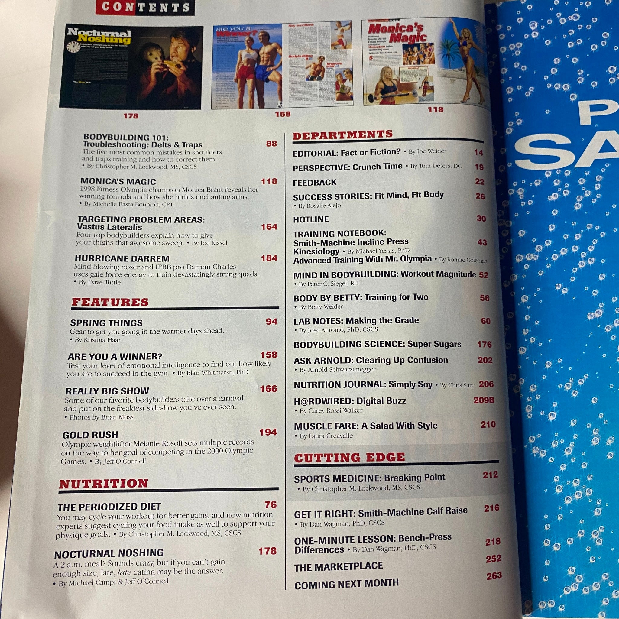 Second contents page of Muscle & Fitness Magazine May 1999 showcasing features on bodybuilding, departments highlighting success stories, and nutritional advice.