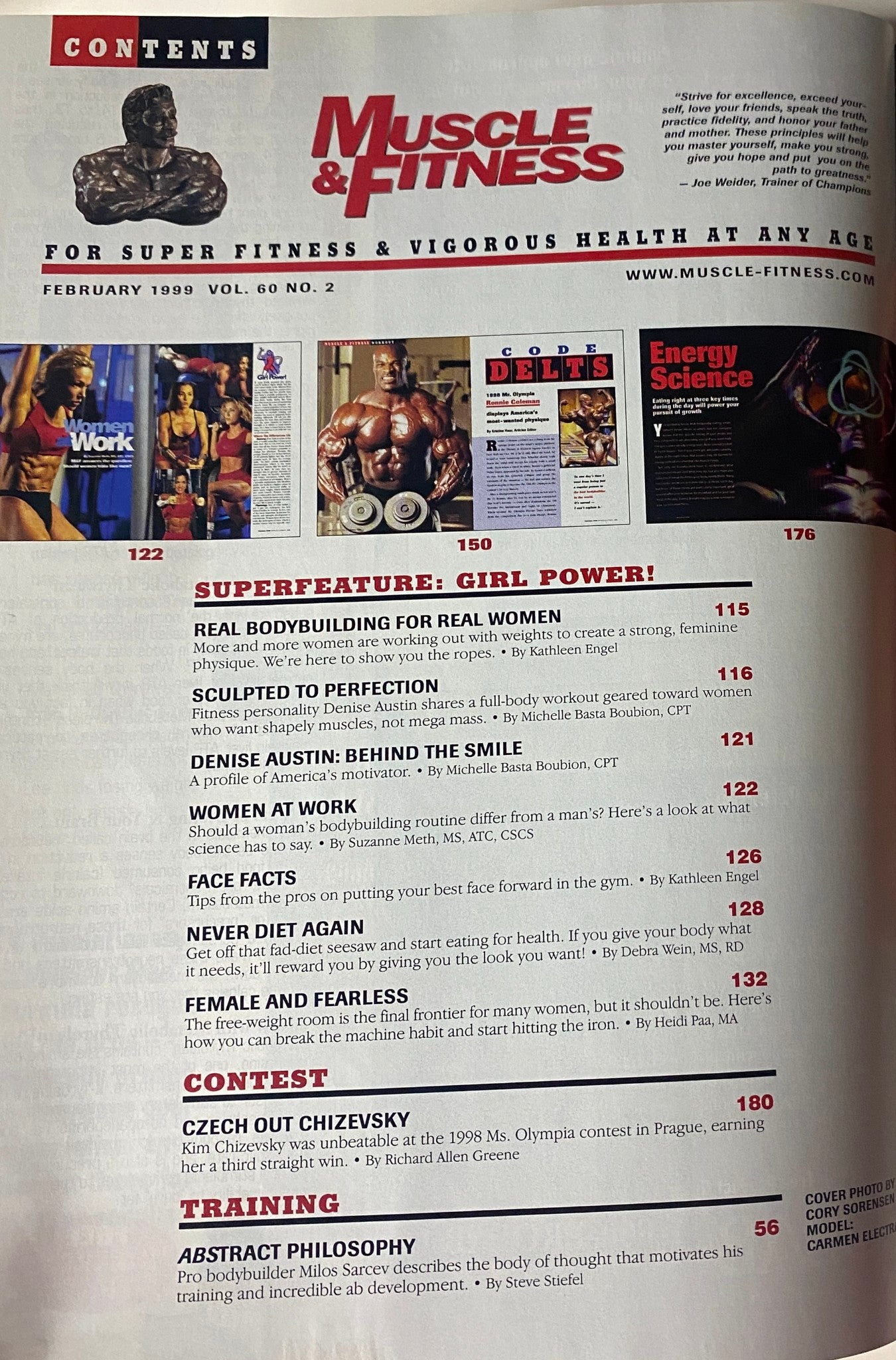 Muscle & Fitness Magazine February 1999 Vol 60 No 2 Carmen Electra, featuring contents including superfeature 'Girl Power!', training tips, and health insights.