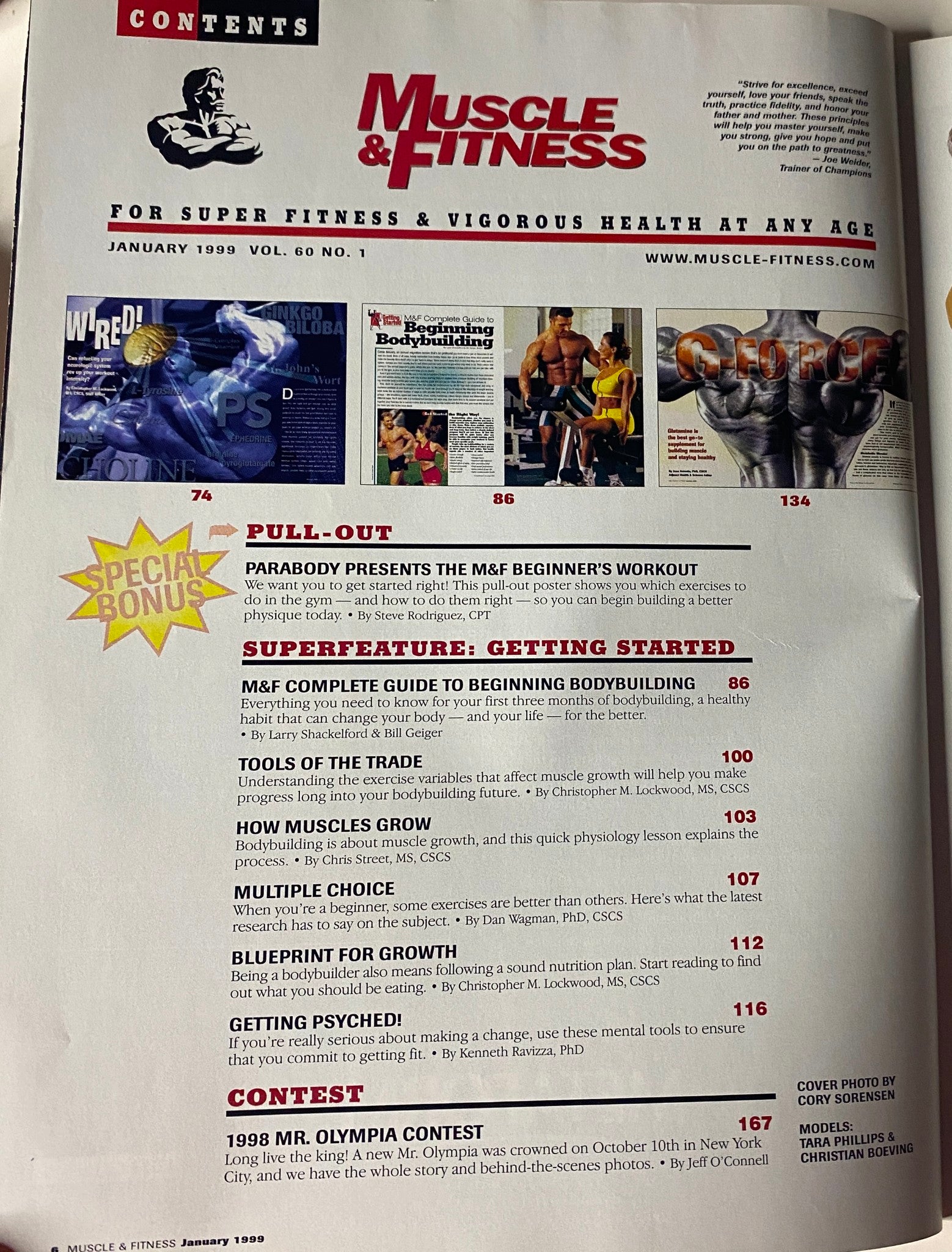Contents page of Muscle & Fitness Magazine January 1999, showcasing articles about beginner bodybuilding, training insights, and a special pull-out workout guide.