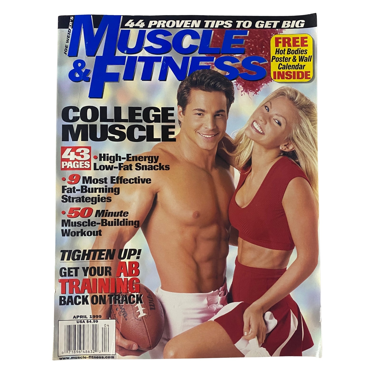 Cover of Muscle & Fitness Magazine, April 1999, featuring John Kessler and Gabrielle Tuite, highlighting college muscle, fitness strategies, and a workout guide. Includes details on nutrition and strength training.