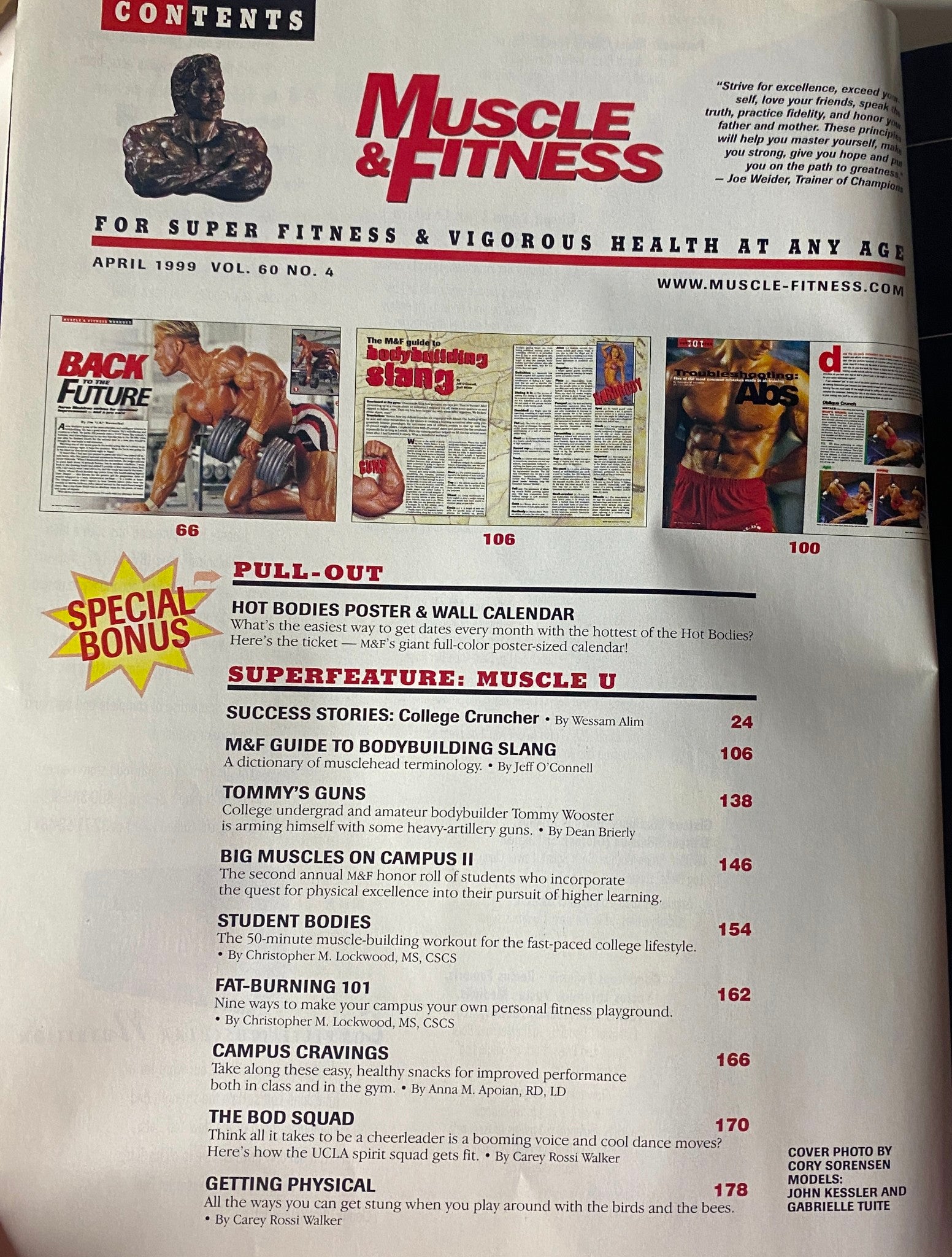 Contents page of Muscle & Fitness Magazine April 1999. The layout includes an overview of articles, features a special pull-out poster, and showcases the Muscle U superfeature.