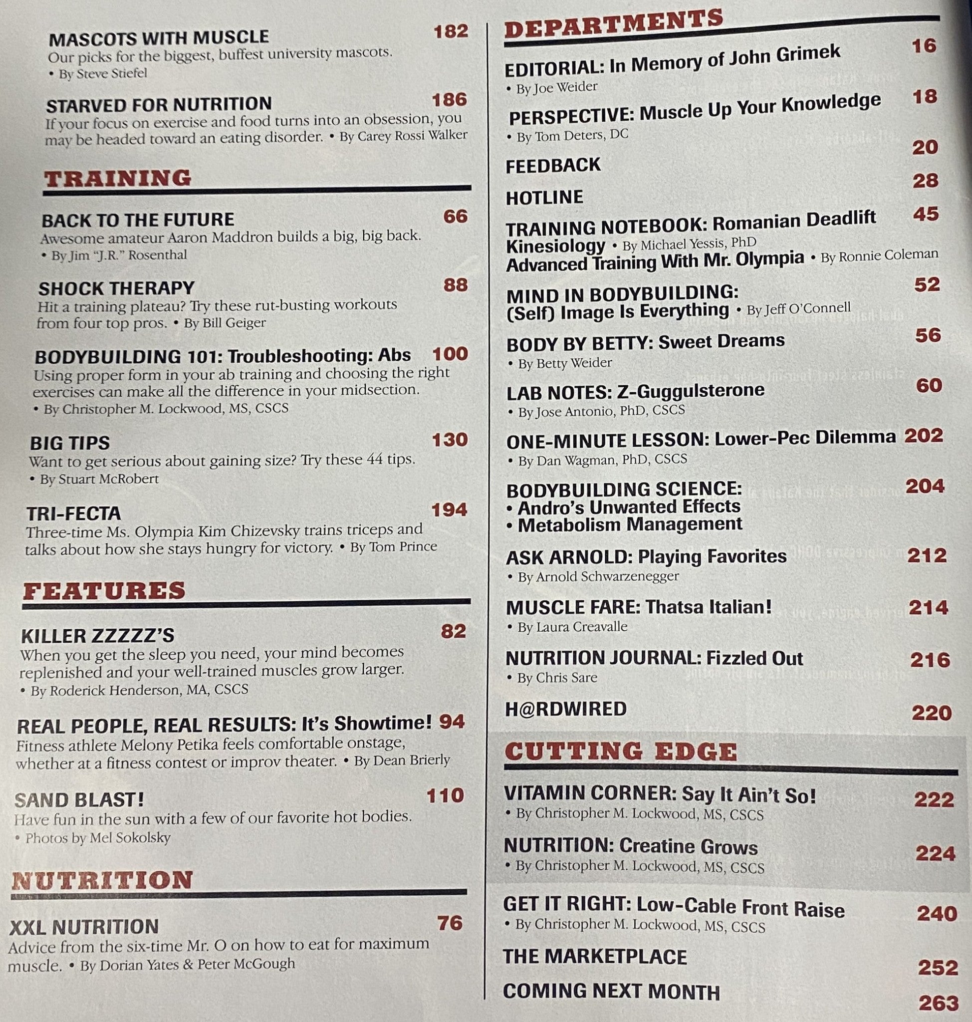 Detailed features section from Muscle & Fitness Magazine April 1999. The content includes training tips, nutritional advice, and various articles on bodybuilding and fitness.