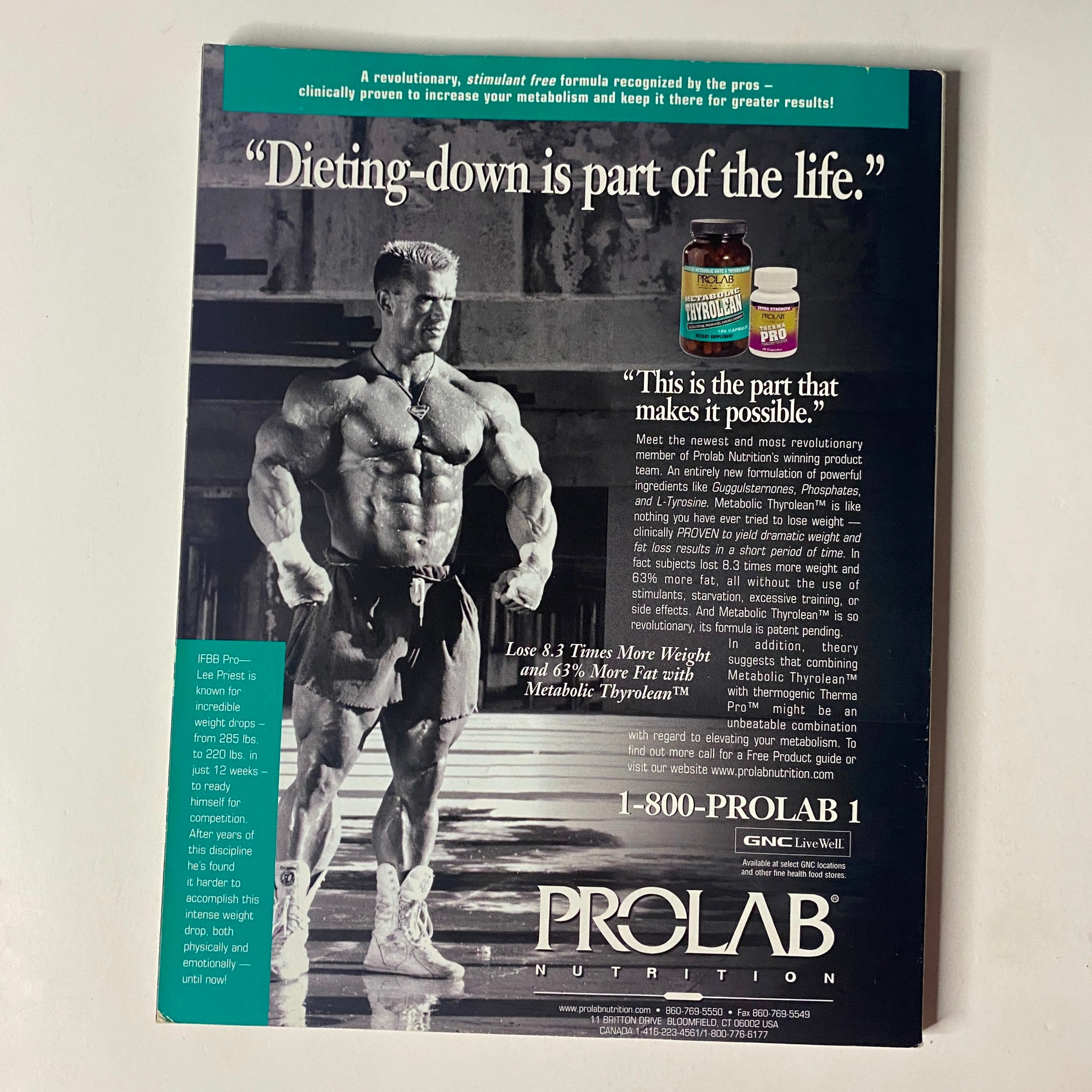 Back cover of Muscle & Fitness Magazine April 1999 featuring an advertisement for ProLab Nutrition. The image emphasizes dieting and fitness with a muscular model.