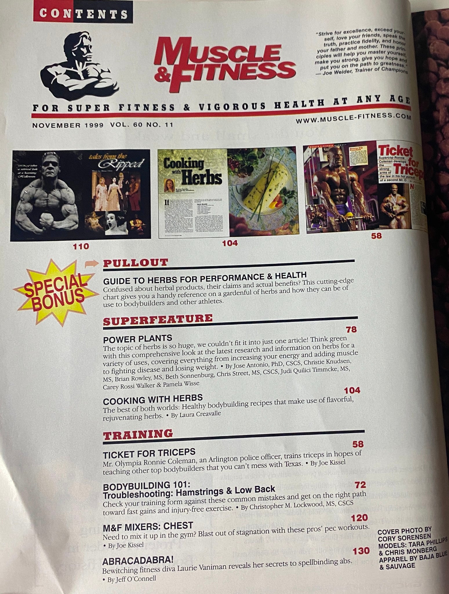 Table of contents from Muscle & Fitness Magazine November 1999 featuring a special bonus on herbs for performance and health, along with articles on cooking and bodybuilding training.
