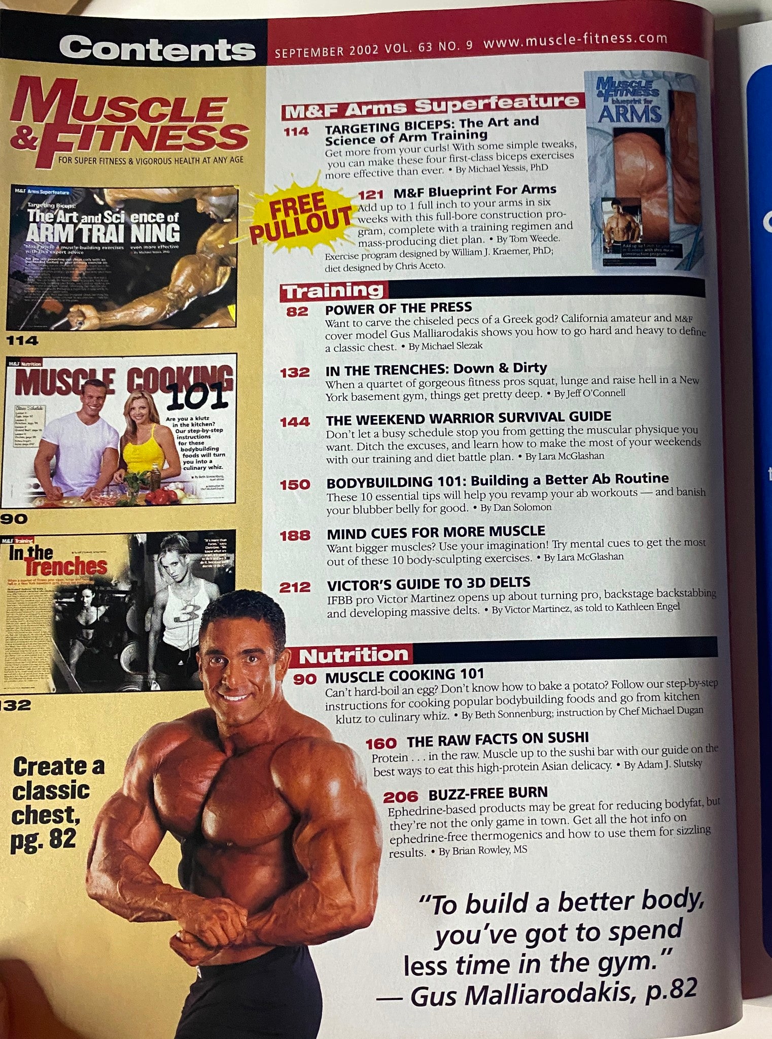 Contents page of Muscle & Fitness Magazine September 2002 Vol 63 No. 9 listing featured articles including M&F Arms Superfeature and Muscle Cooking 101.