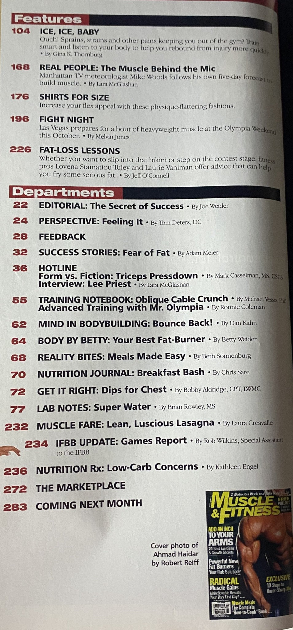 Features page of Muscle & Fitness Magazine September 2002 Vol 63 No. 9 displaying key sections such as Editorial and Success Stories.