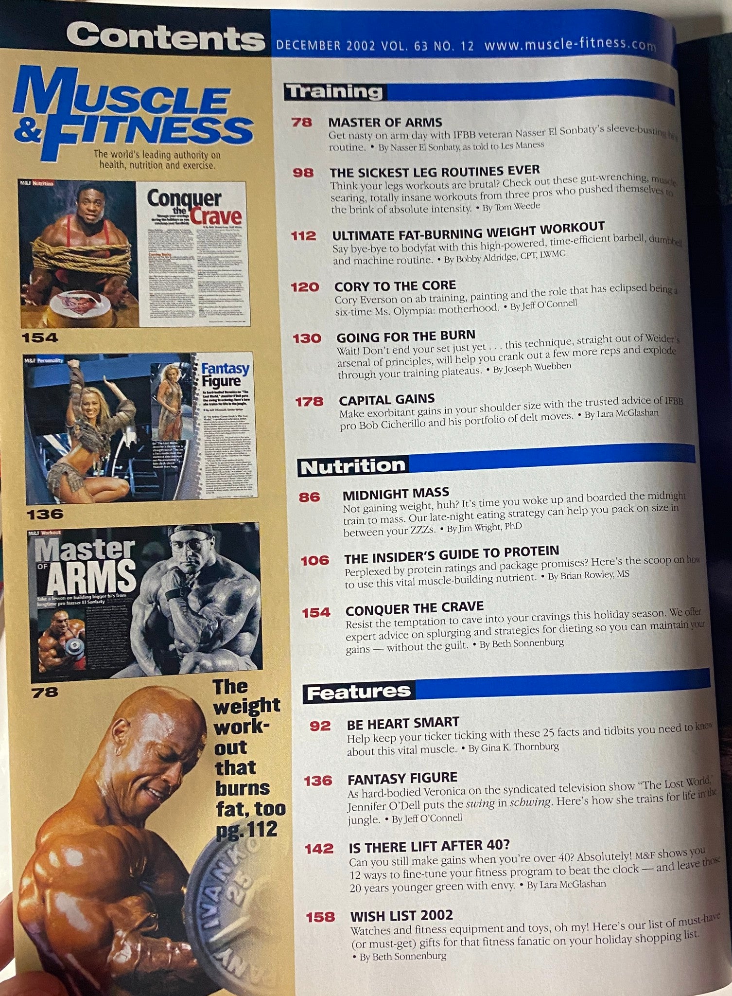 Contents page of Muscle & Fitness Magazine December 2002 Vol 63 No. 12, listing articles on advanced workout routines and nutrition strategies.
