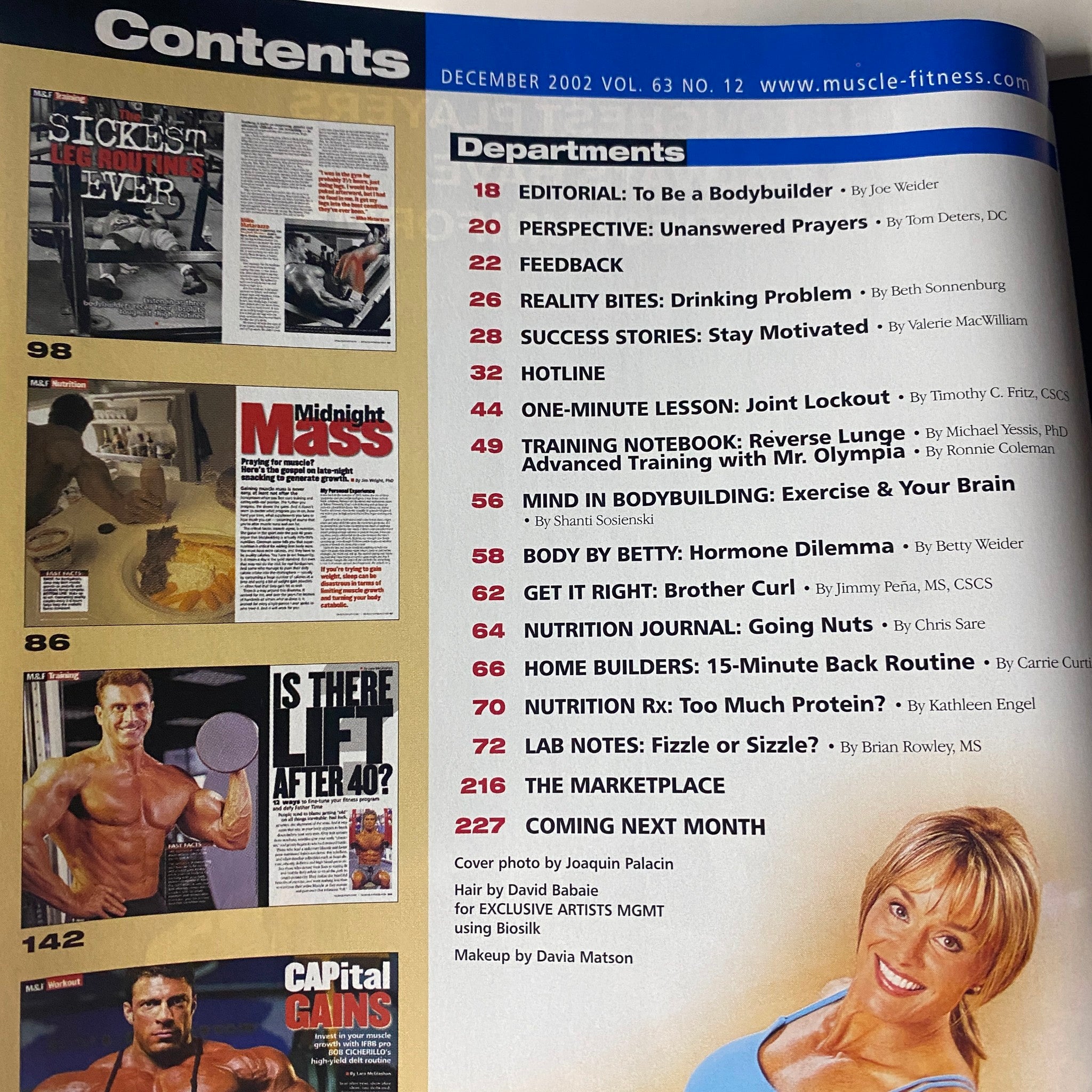 Departments page from Muscle & Fitness Magazine December 2002 Vol 63 No. 12 showcasing various articles on bodybuilding, nutrition, and health.