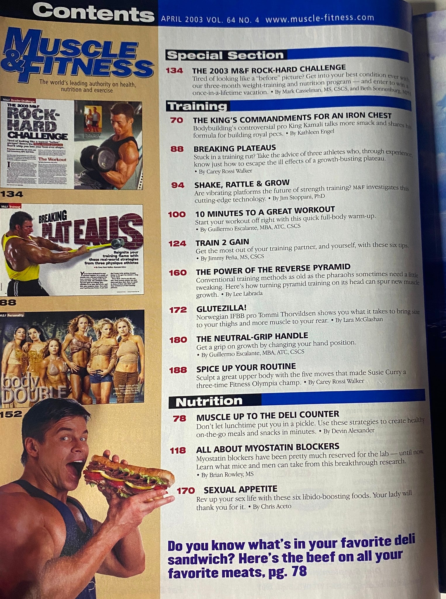 Muscle & Fitness Magazine April 2003 contents page featuring the 2003 M&F Rock-Hard Challenge, training strategies like 'The King's Commandments for an Iron Chest', and nutrition tips including 'Muscle Up to the Deli Counter'.