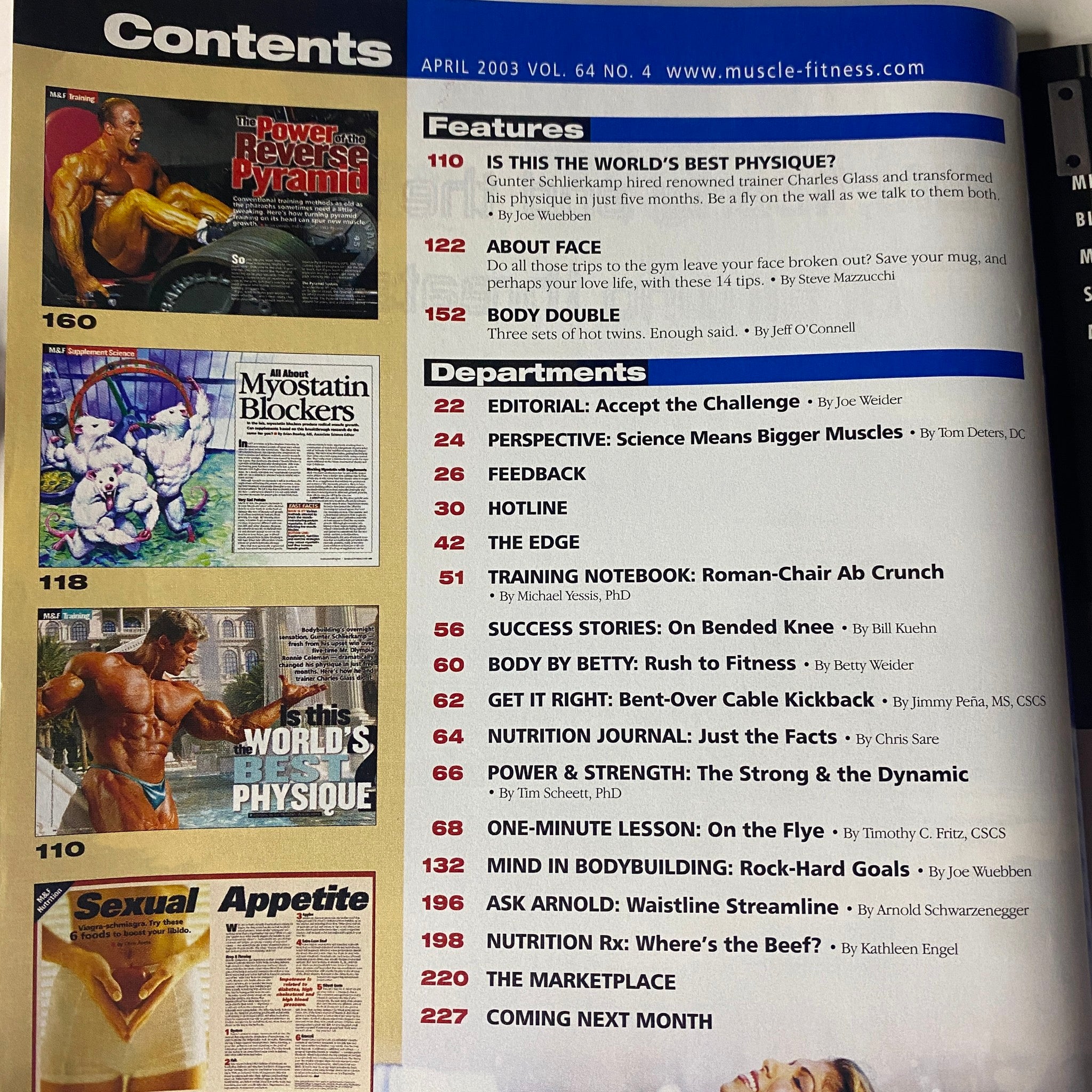 Muscle & Fitness Magazine April 2003 contents page showcasing articles on 'Is This the World’s Best Physique?' and 'Myostatin Blockers', along with various departments and training highlights.