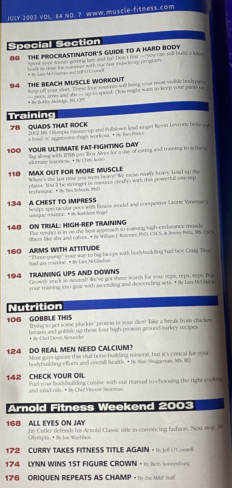 Inside page of Muscle & Fitness Magazine July 2003 Vol 64 No. 7 showcasing a table of contents with sections on training, nutrition, and fitness events.