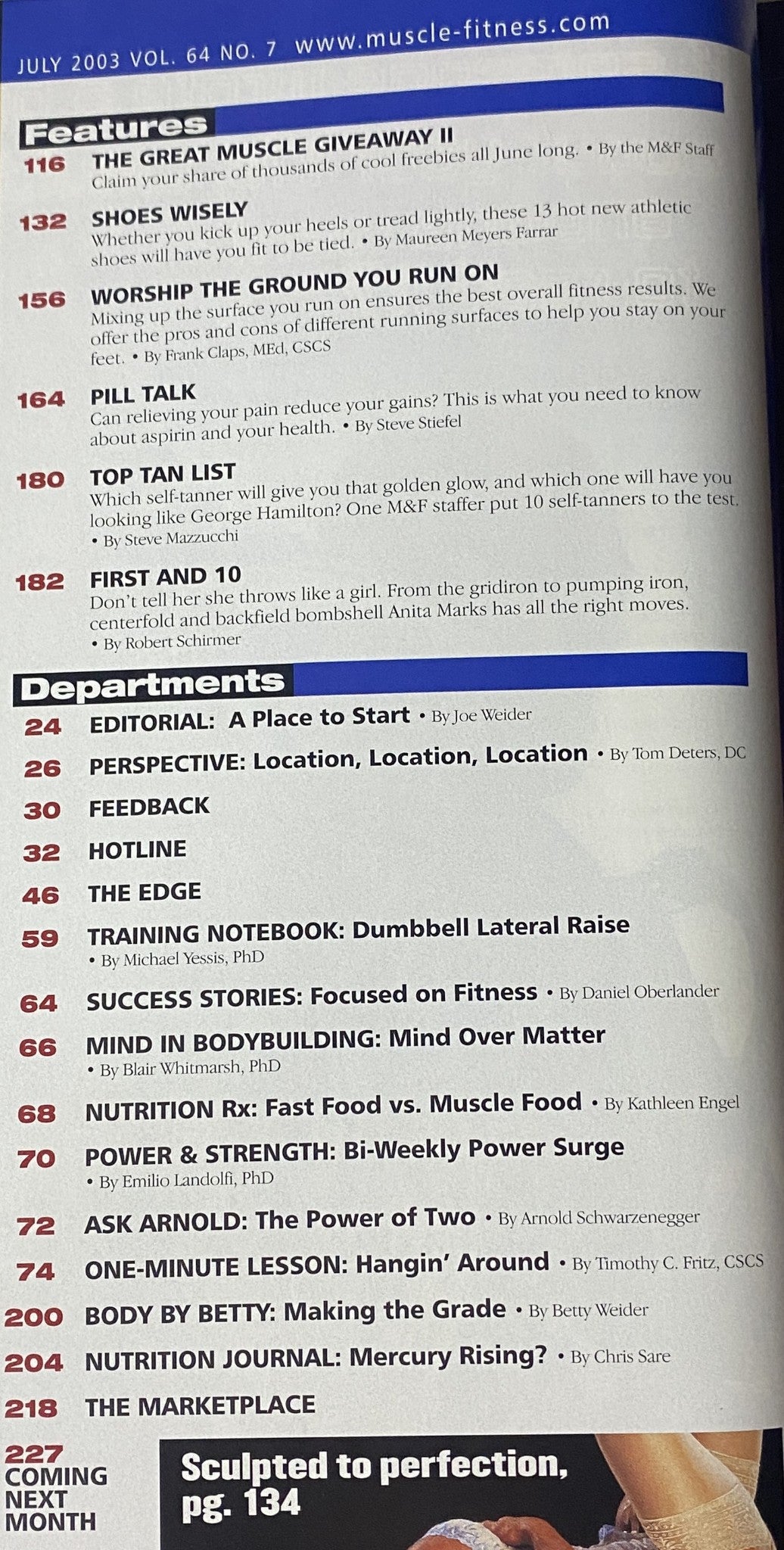 Interior page of Muscle & Fitness Magazine July 2003 Vol 64 No. 7, featuring the Great Muscle Giveaway II section and articles on fitness, training advice, and nutrition tips.