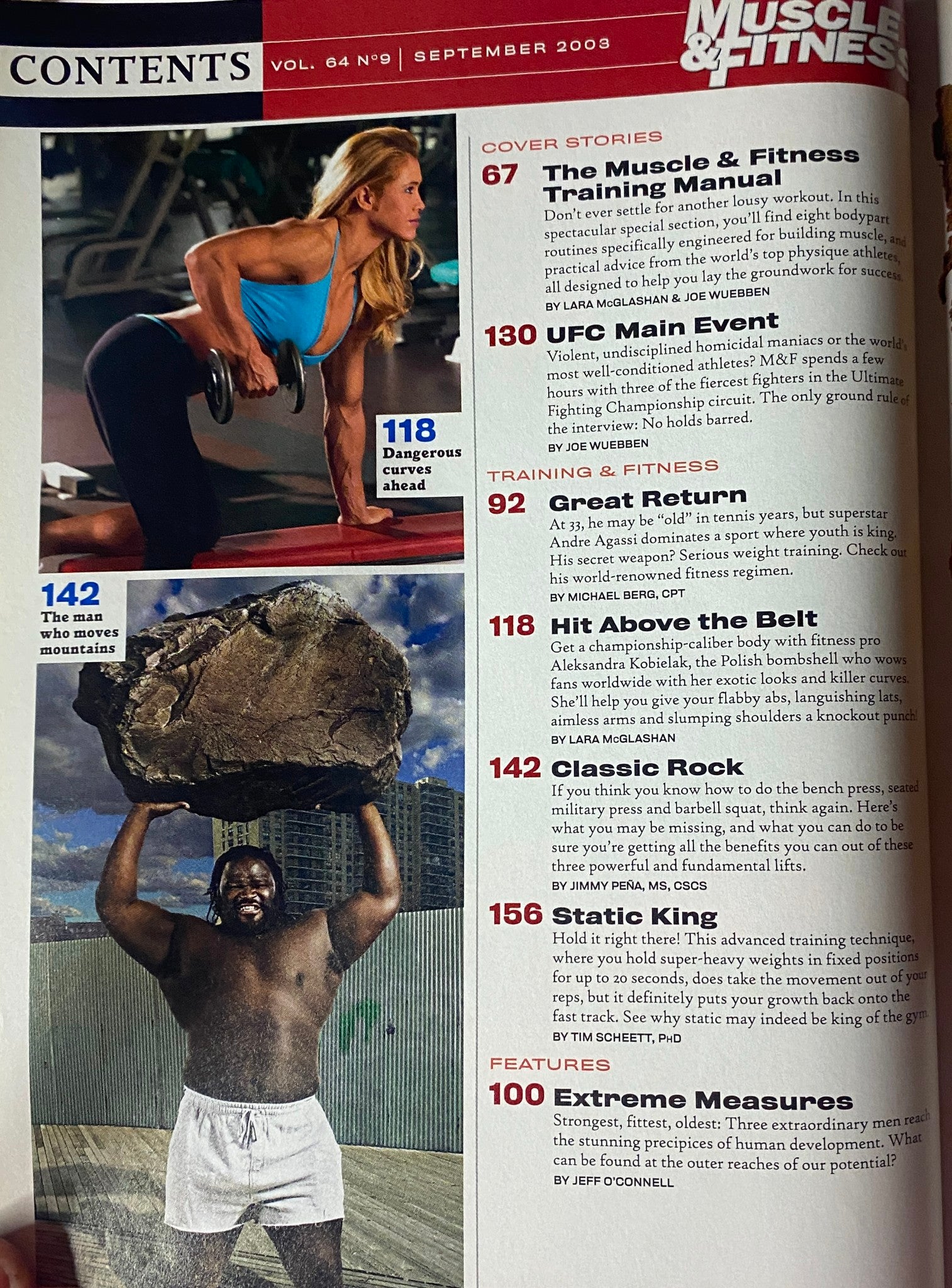 Contents page of Muscle & Fitness Magazine September 2003 Vol 64 No. 9, highlighting key articles including training manuals and fitness features.