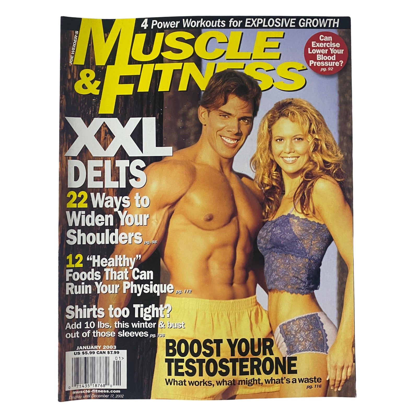 Cover of Muscle & Fitness Magazine January 2003 featuring Frank Sepe and Kyly Boldy, showcasing fitness tips and workouts for explosive growth.