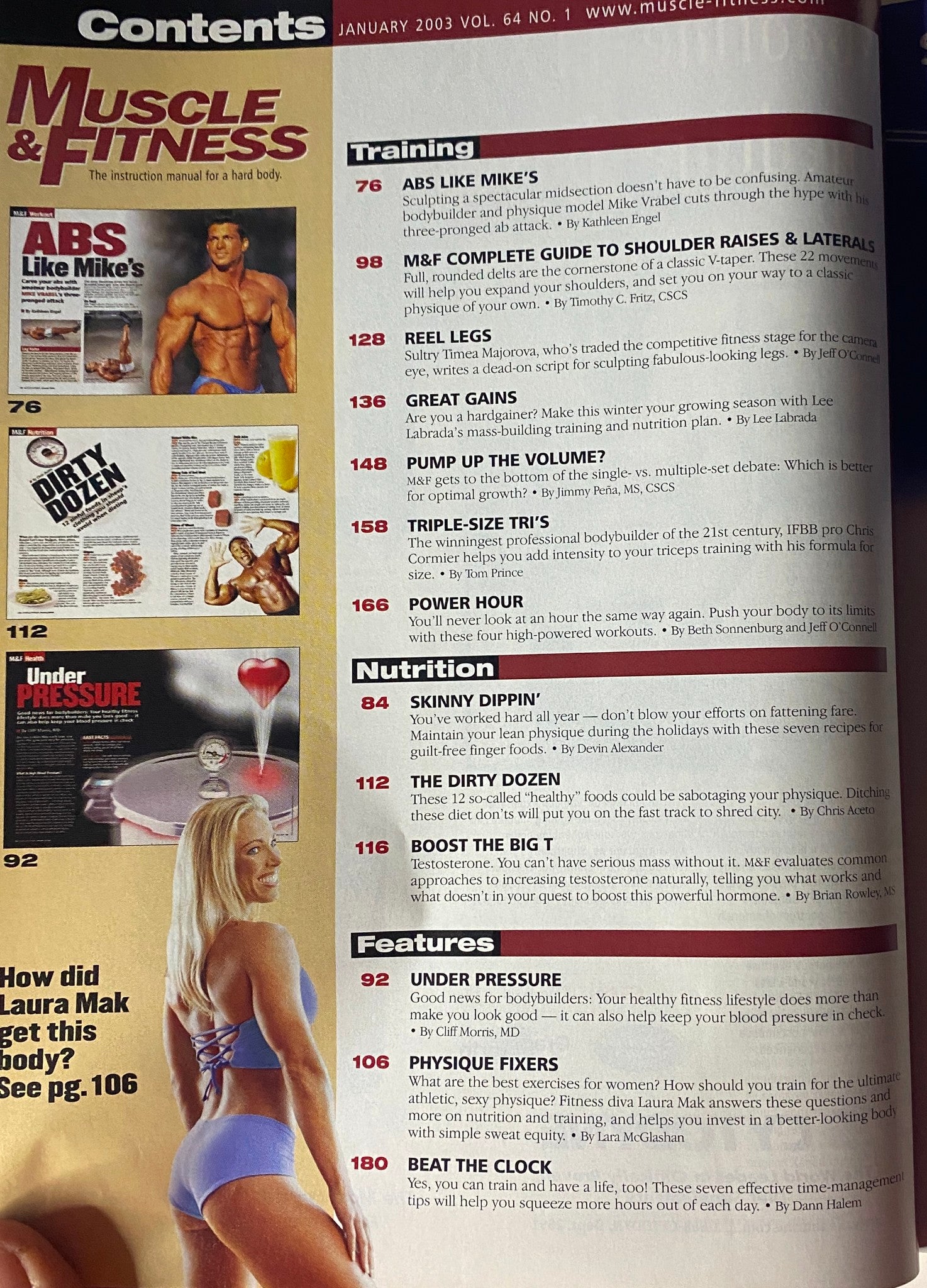 Contents page of Muscle & Fitness Magazine January 2003, detailing various training and nutrition articles including 'Abs Like Mike's' and 'Skinny Dippin'.