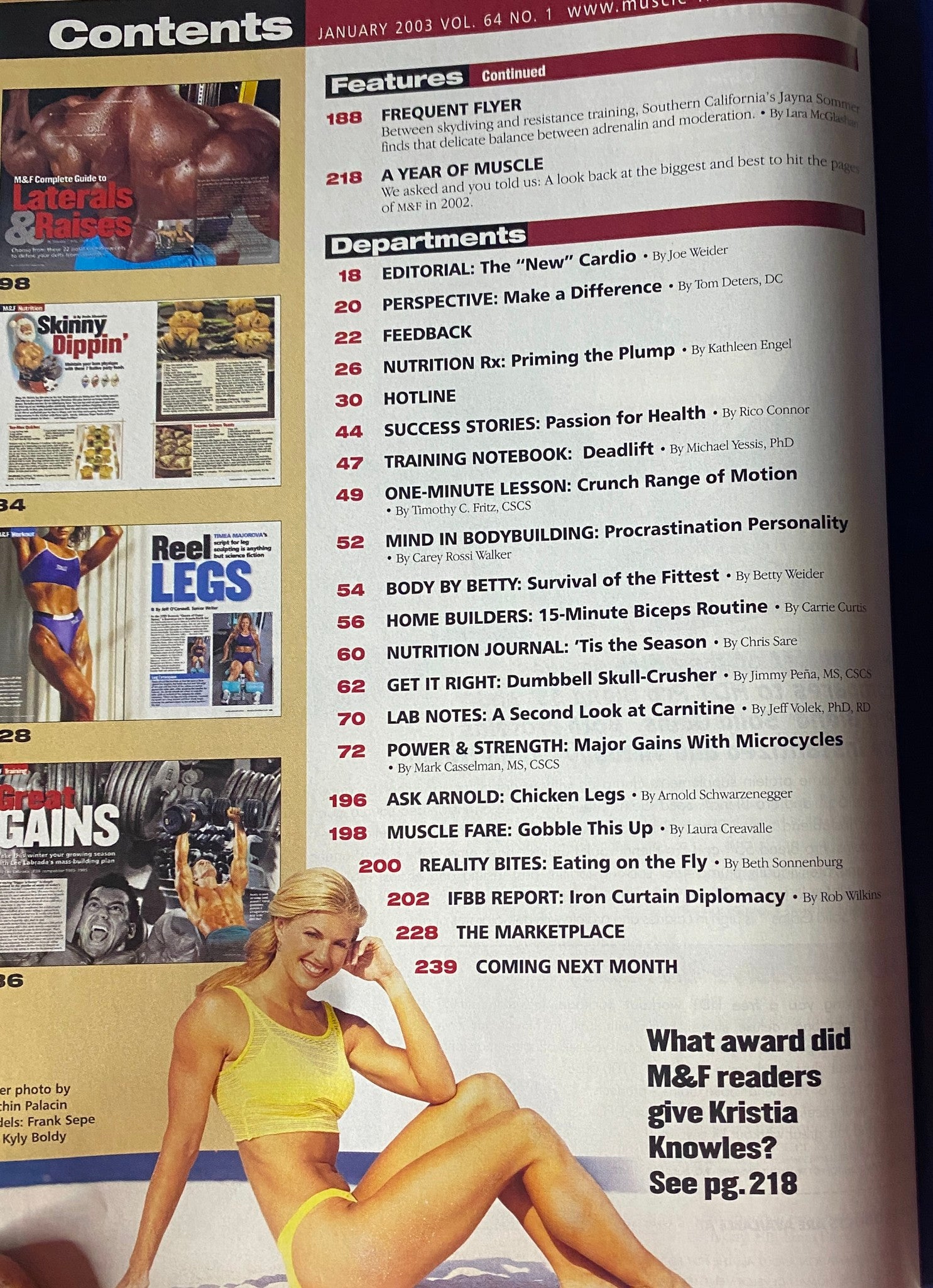 Continued contents page of Muscle & Fitness Magazine January 2003, featuring sections on editorial pieces and training tips with a focus on bodybuilding.