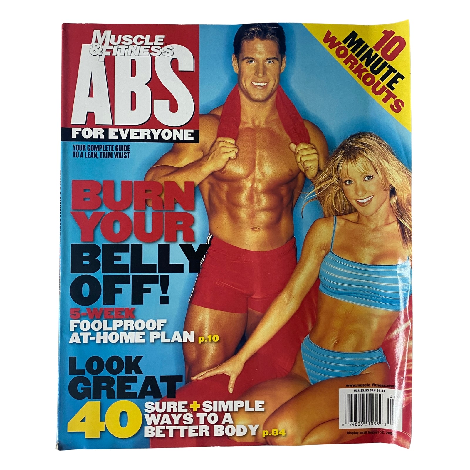 Muscle & Fitness Magazine December 1999 featuring Sharon Moore and Brad Baker on the cover, showcasing a focus on abdominal workouts and fitness tips.
