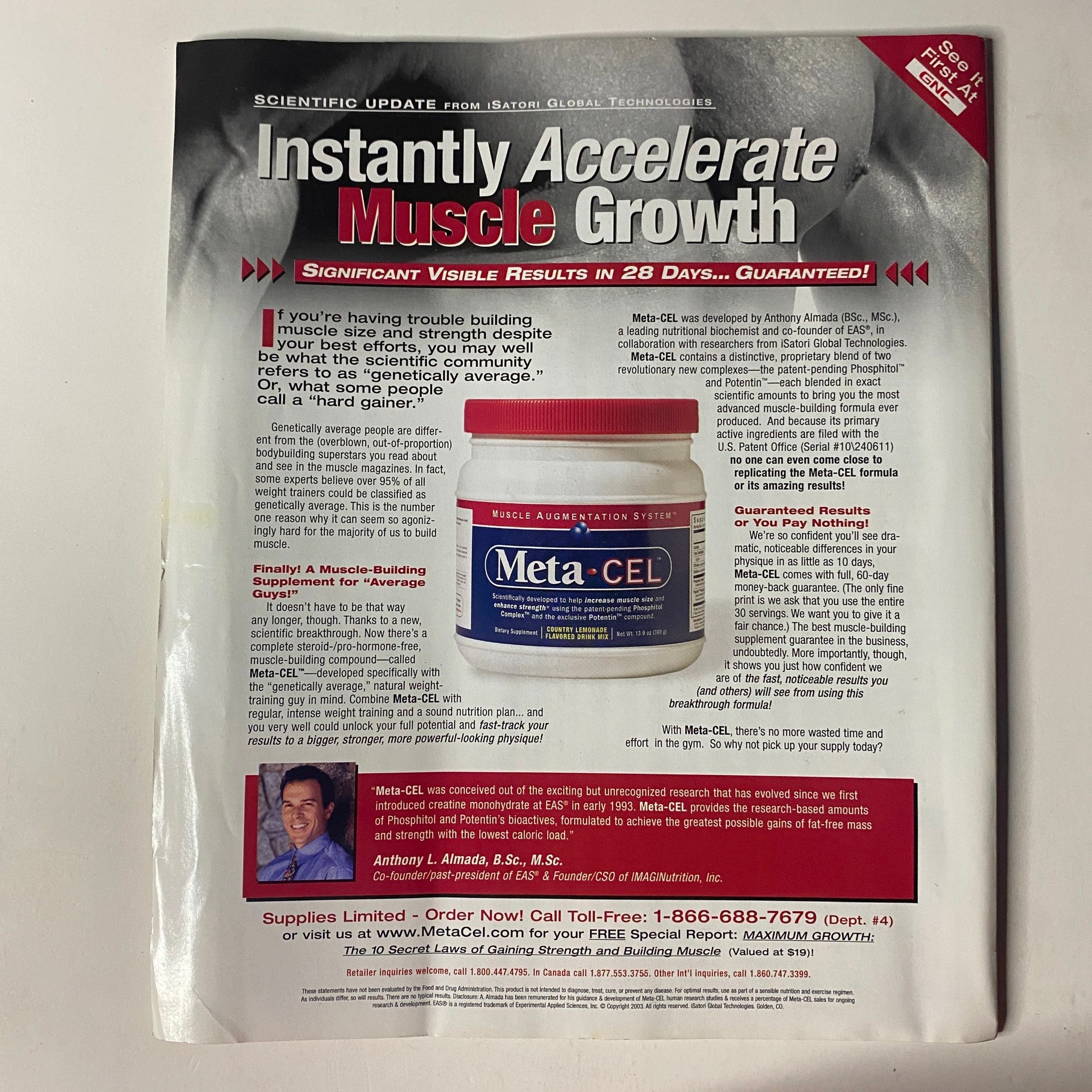 Advertisement page from Muscle & Fitness Magazine December 1999 promoting Meta-CEL, a muscle growth supplement, with performance claims.