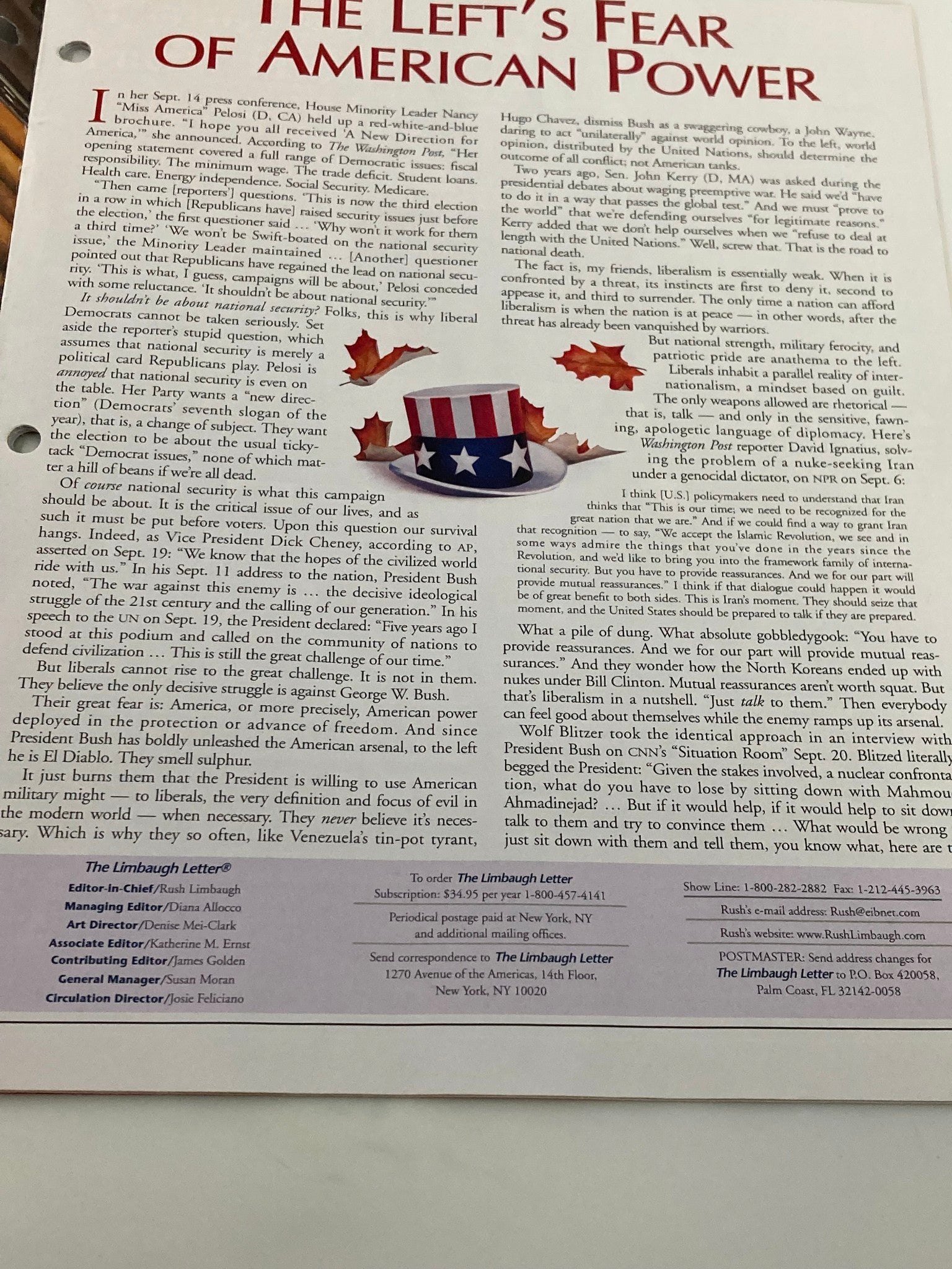 Rush Limbaugh Letter Newsletter Magazine October 2006 Fear of American Power