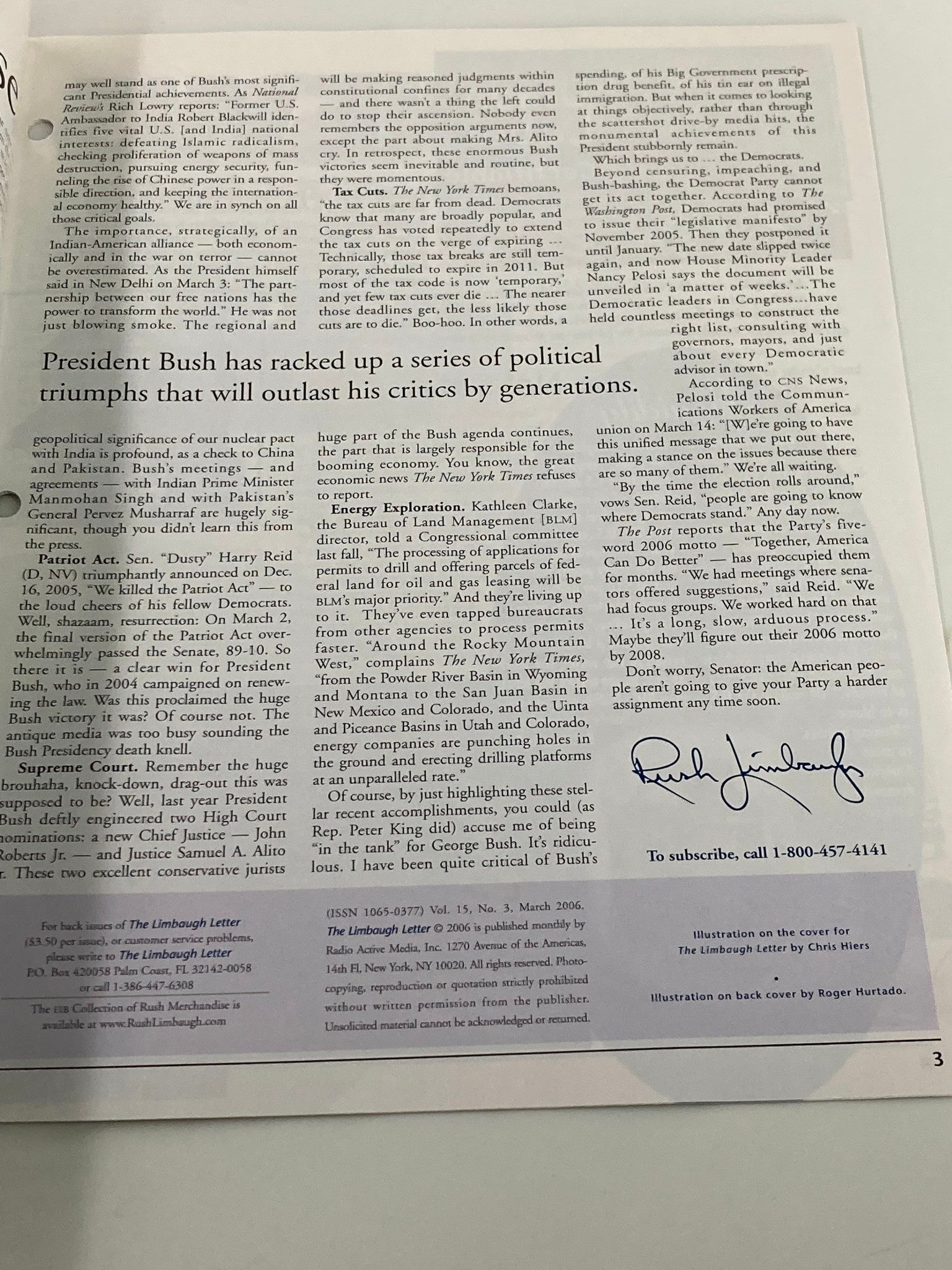 Rush Limbaugh Letter Newsletter Magazine March 2006 George Bush on Offense