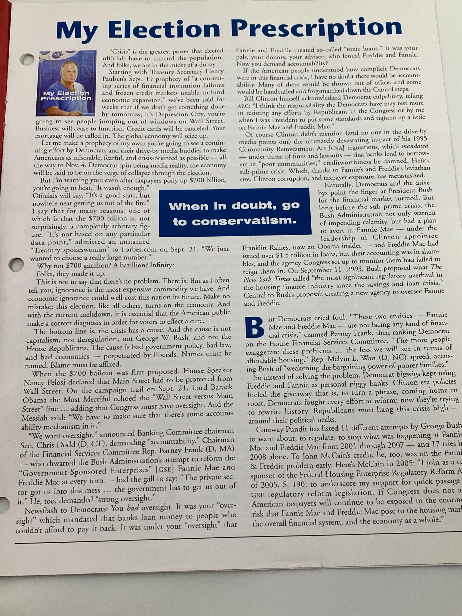 Rush Limbaugh Letter Newsletter October 2008 When in Doubt, No to Conservatism