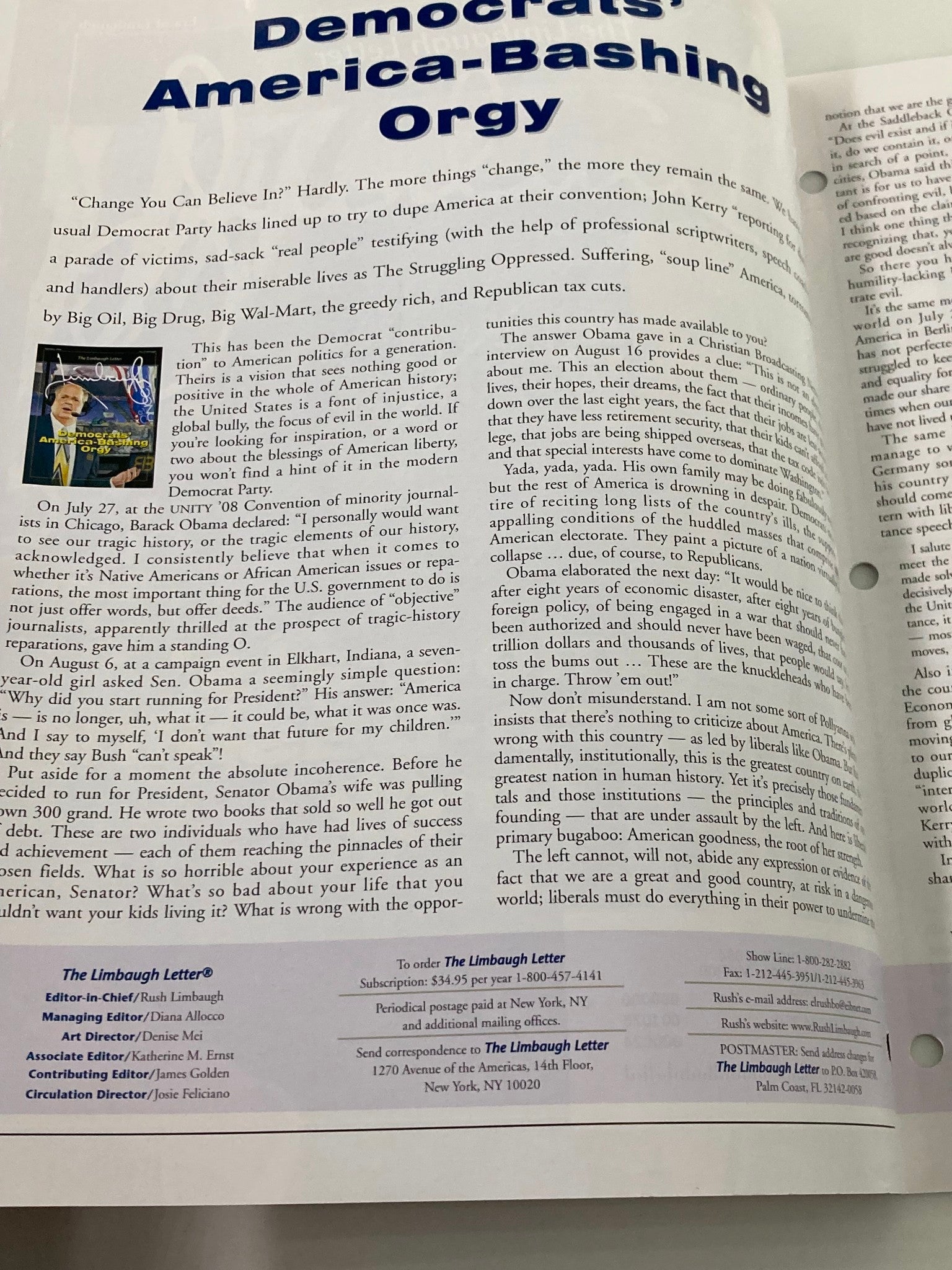 Rush Limbaugh Letter Newsletter September 2008 Democrats' America-Bashing