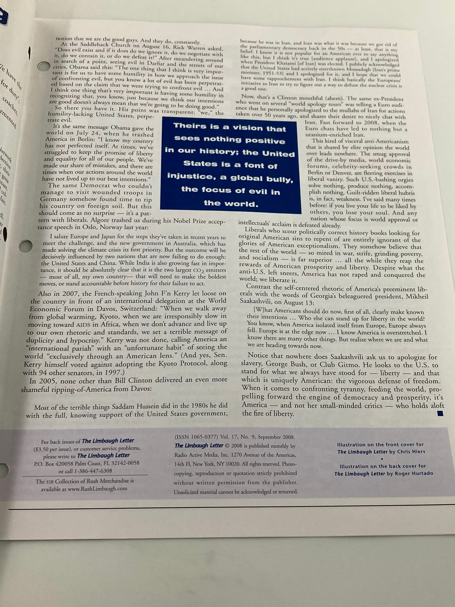 Rush Limbaugh Letter Newsletter September 2008 Democrats' America-Bashing