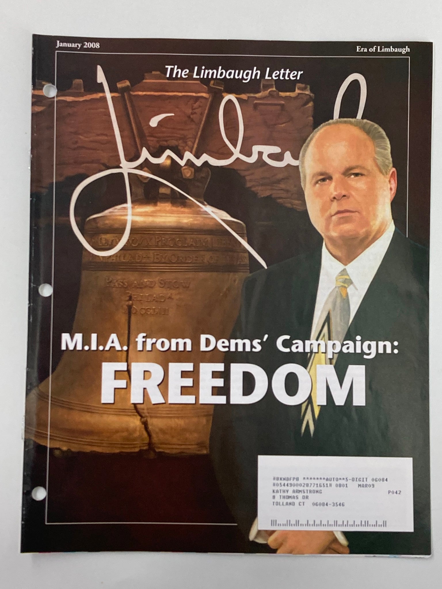 Rush Limbaugh Letter Newsletter Magazine January 2008 M.I.A. From Dems Campaign