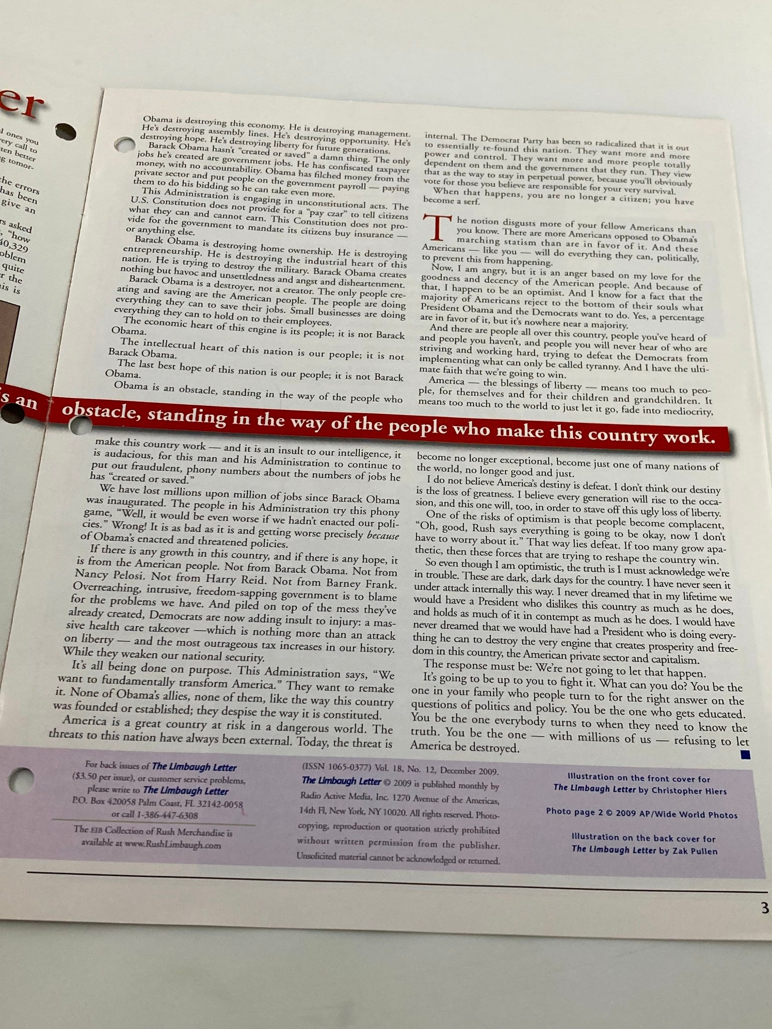 Rush Limbaugh Letter Newsletter December 2009 My Conversation with Sarah Palin